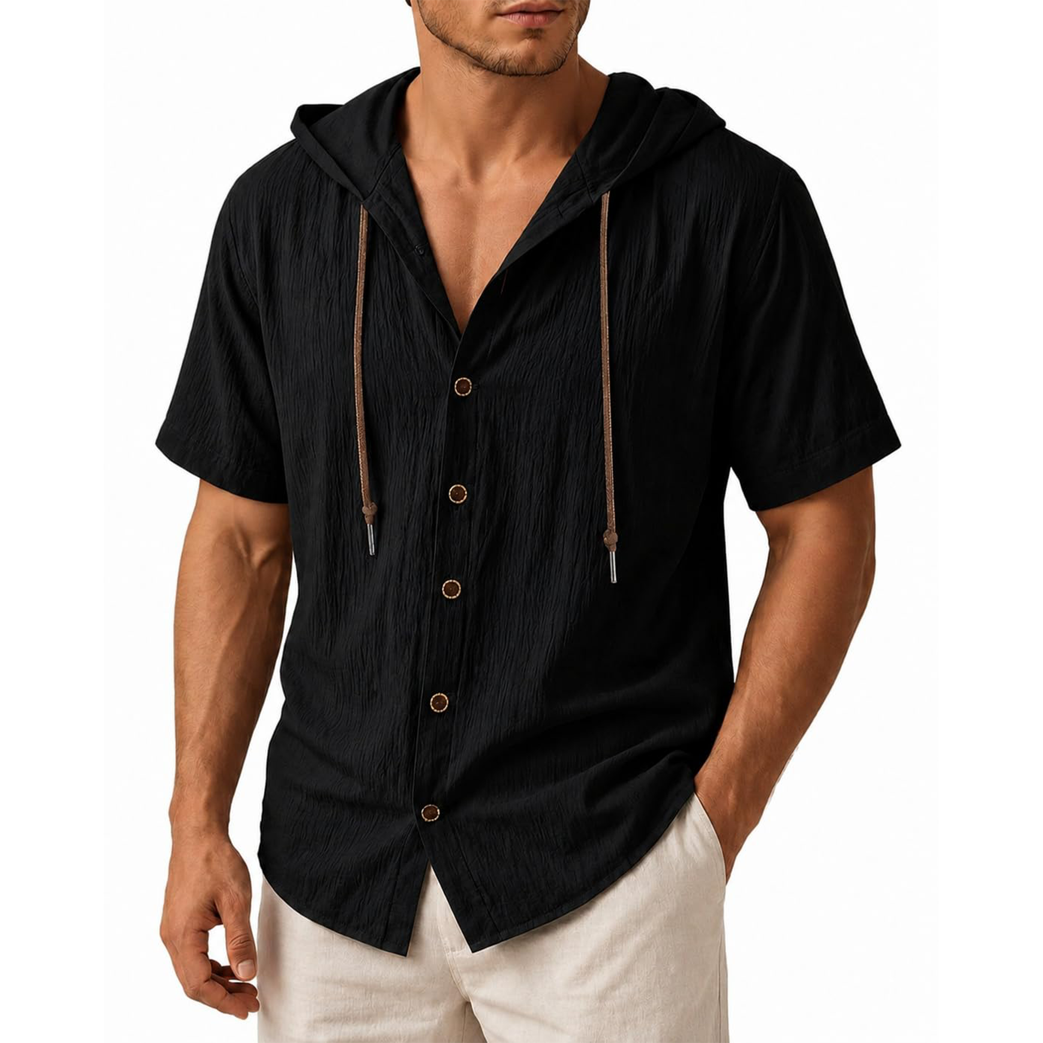 Men's Linen Hooded Short Sleeve Shirt
