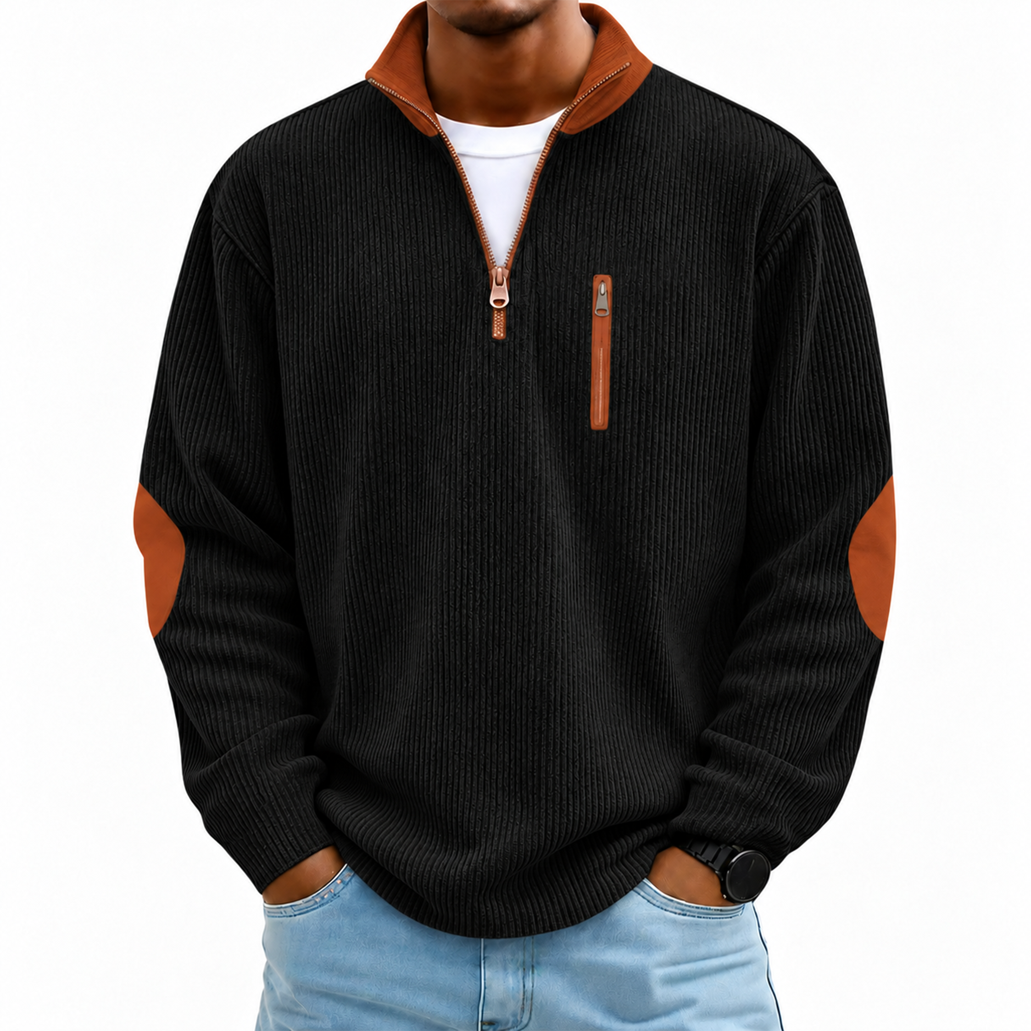 Men's Contrast Corduroy Quarter-Zip Pullover