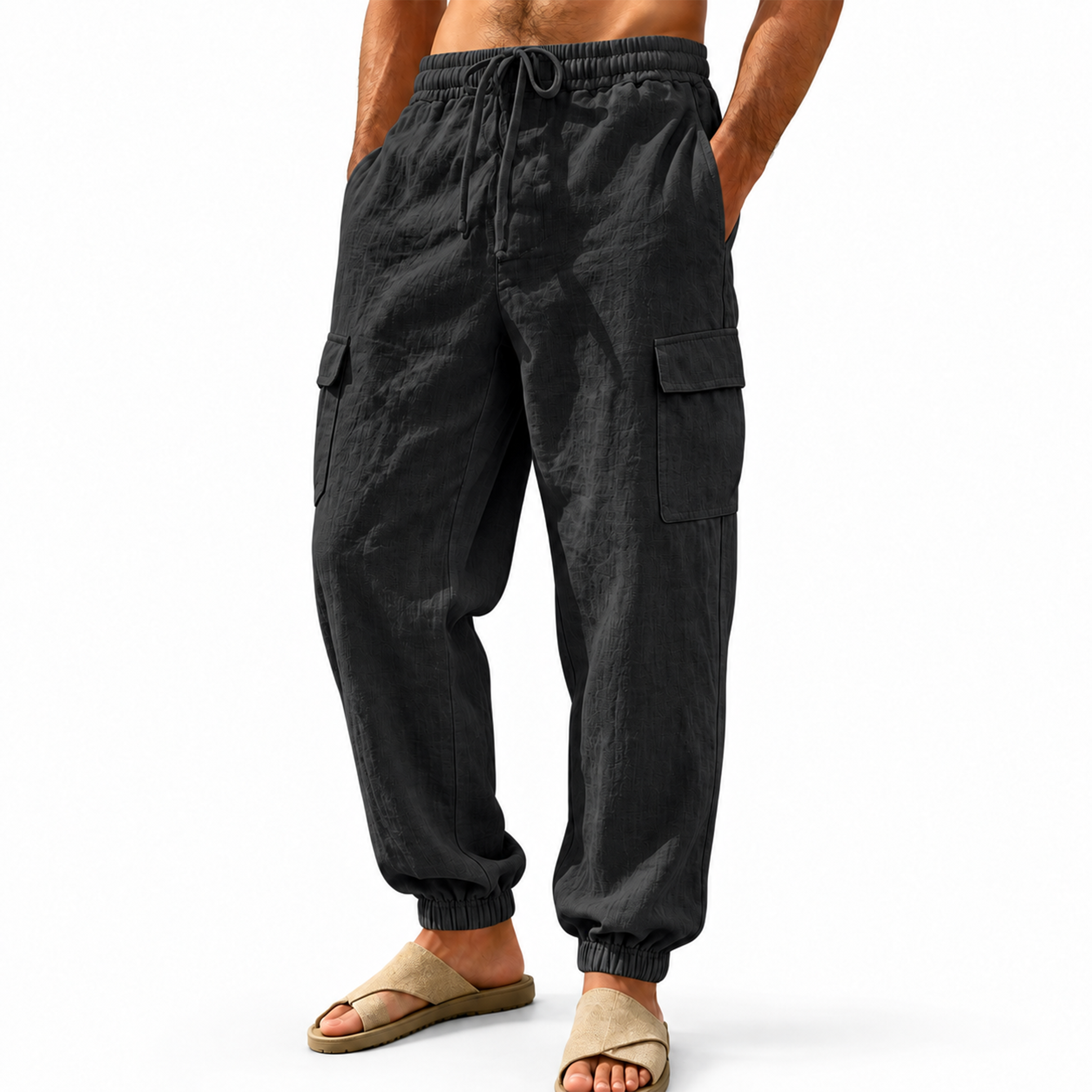 Men Linen Drawstring Wide Leg Cargo Pants