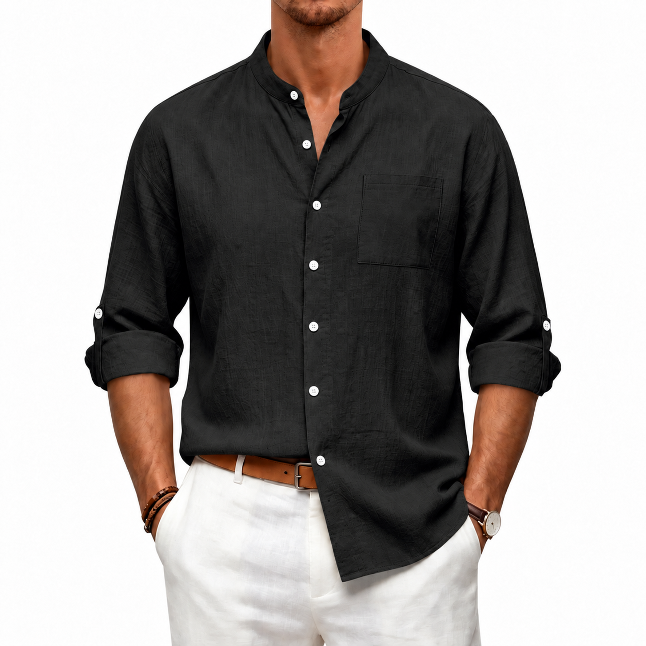 Men's Linen Band Collar Long Sleeve Shirt