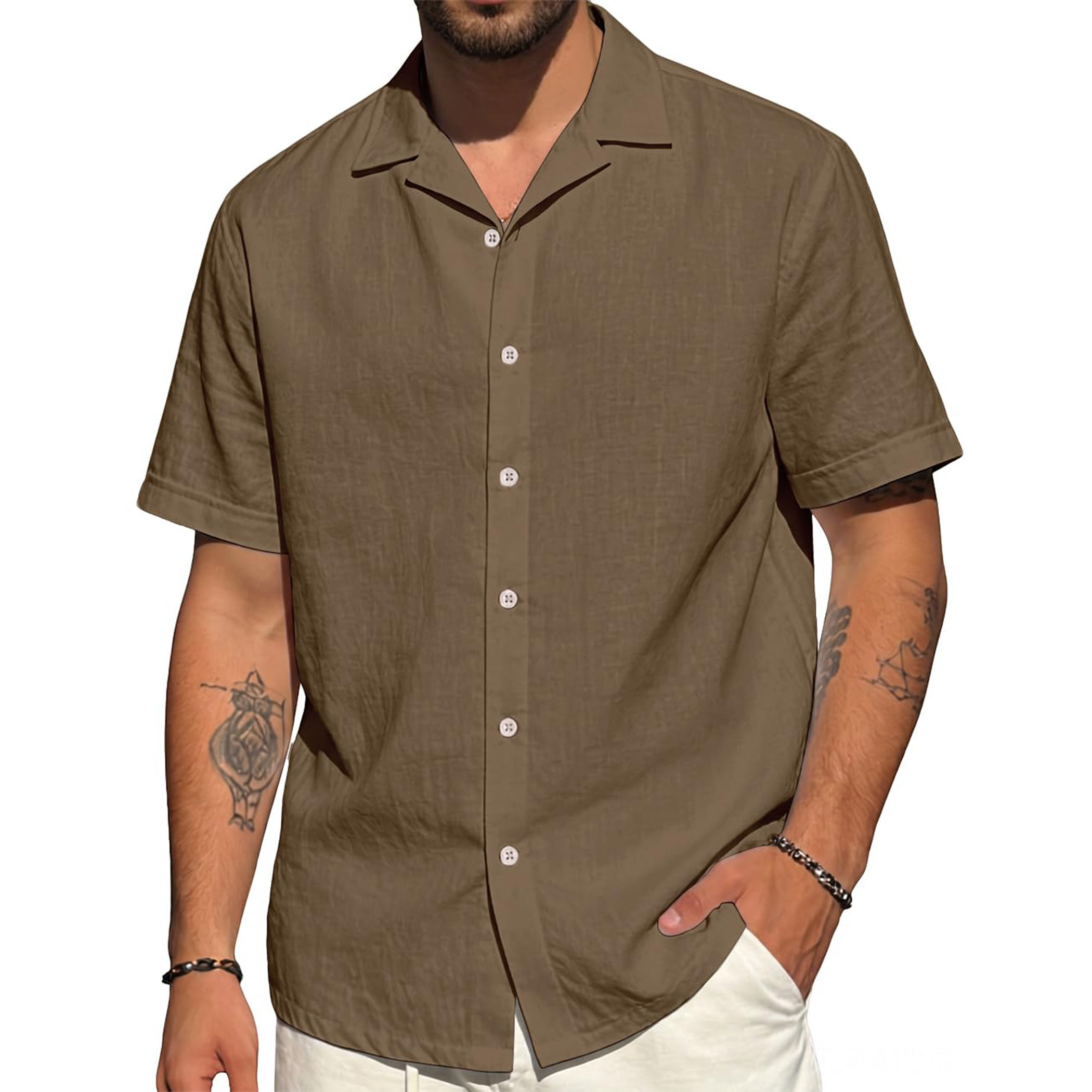 Men's Cotton Linen Button-Up Short Sleeve Shirt