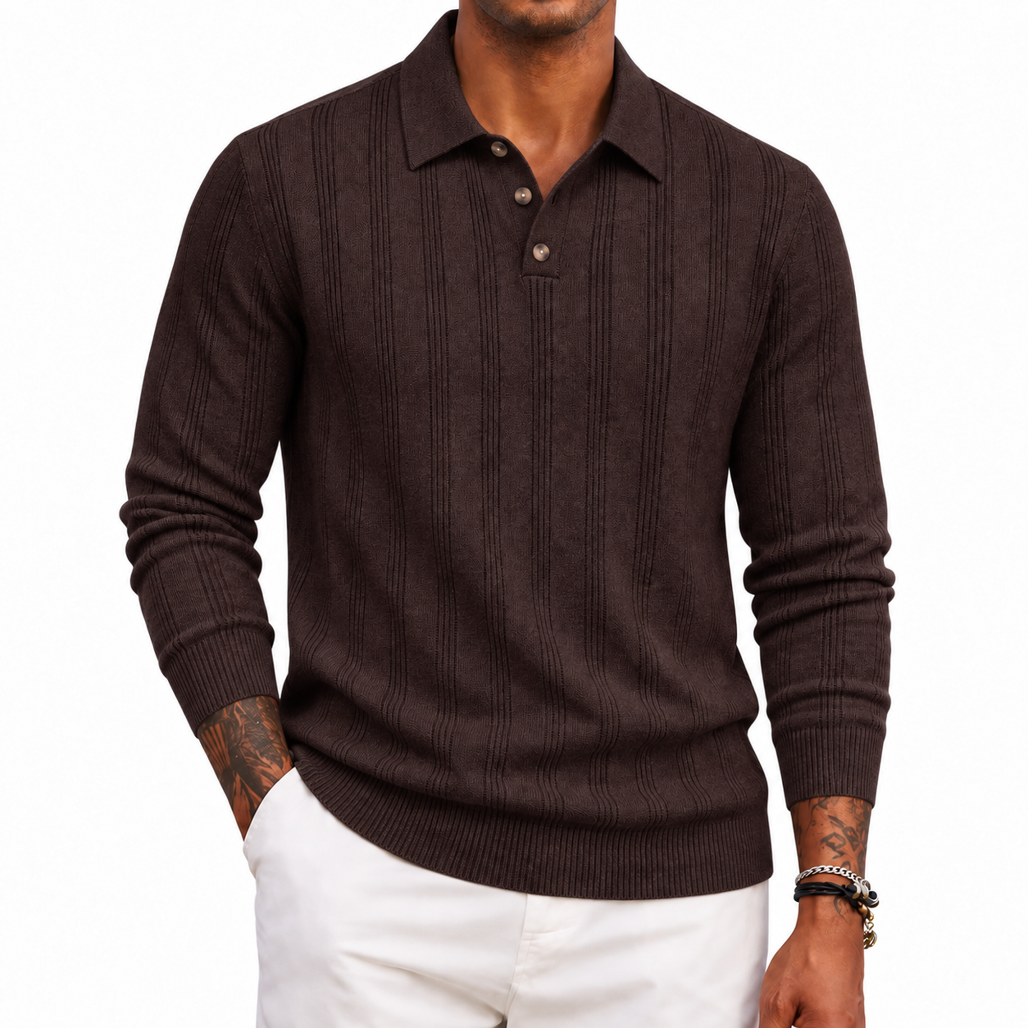 Men's Textured Knit Long Sleeve Polo