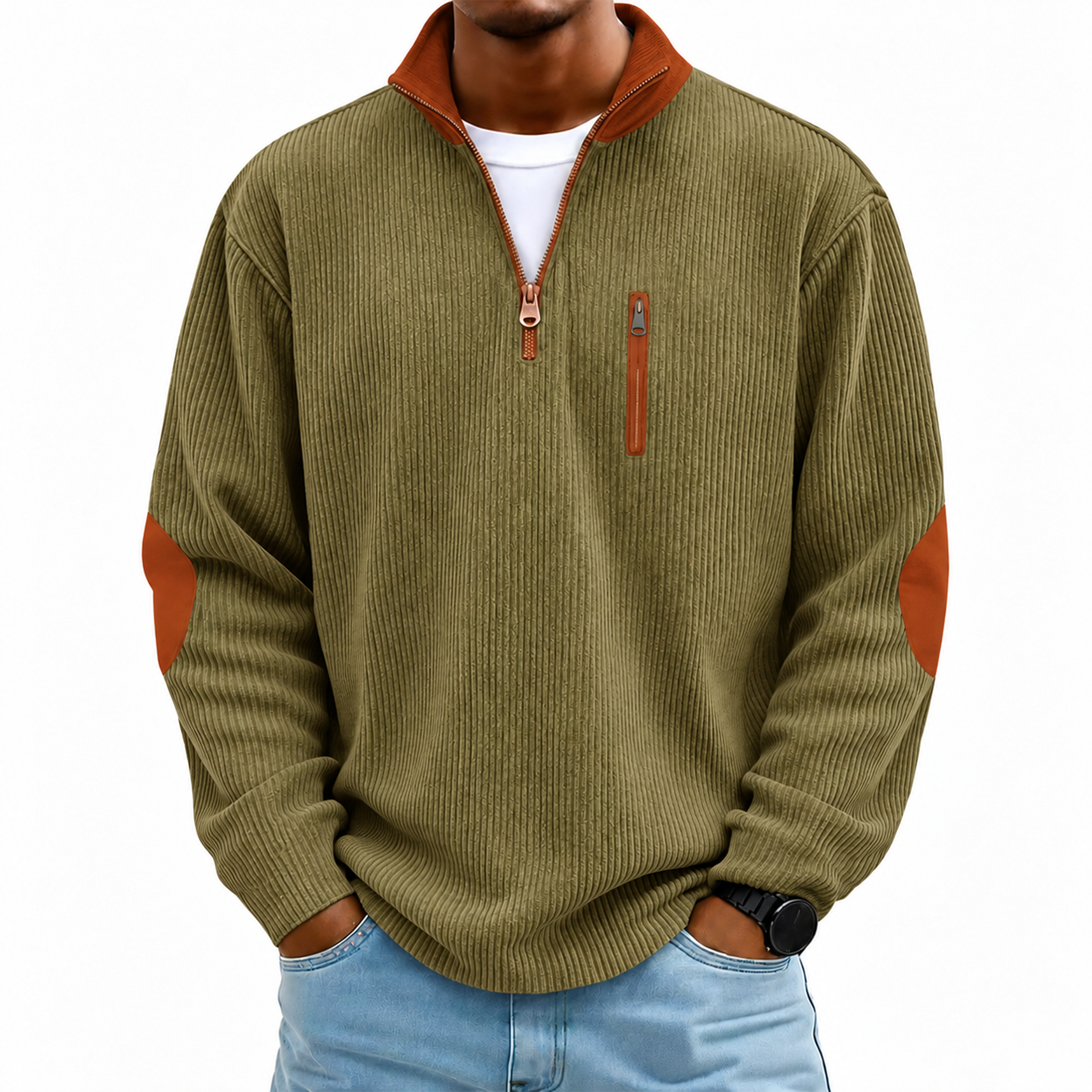 Men's Contrast Corduroy Quarter-Zip Pullover