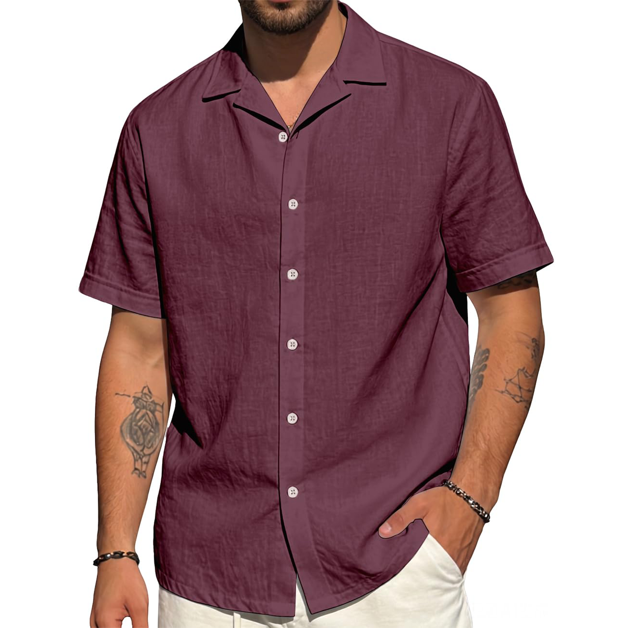 Men's Cotton Linen Button-Up Short Sleeve Shirt