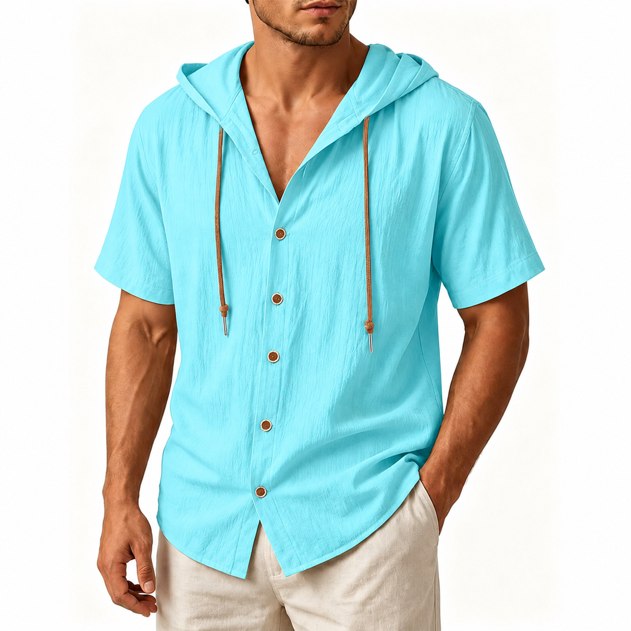 Men's Linen Hooded Short Sleeve Shirt