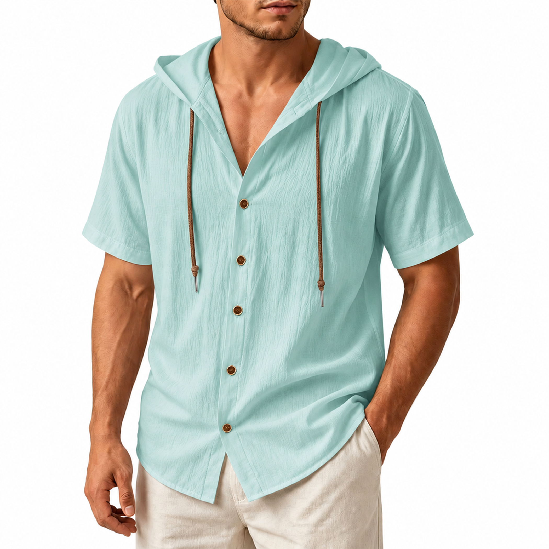 Men's Linen Hooded Short Sleeve Shirt