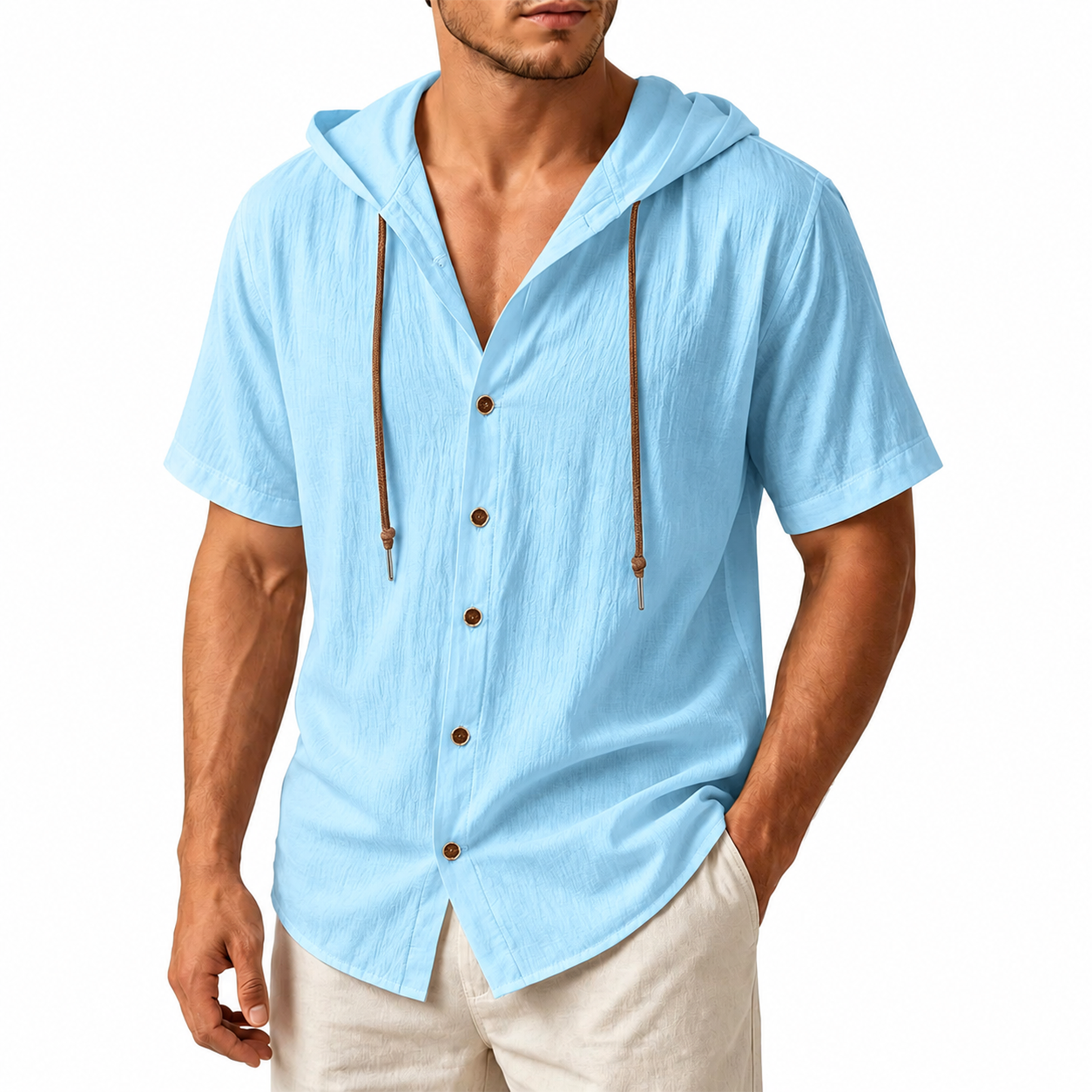 Men's Linen Hooded Short Sleeve Shirt