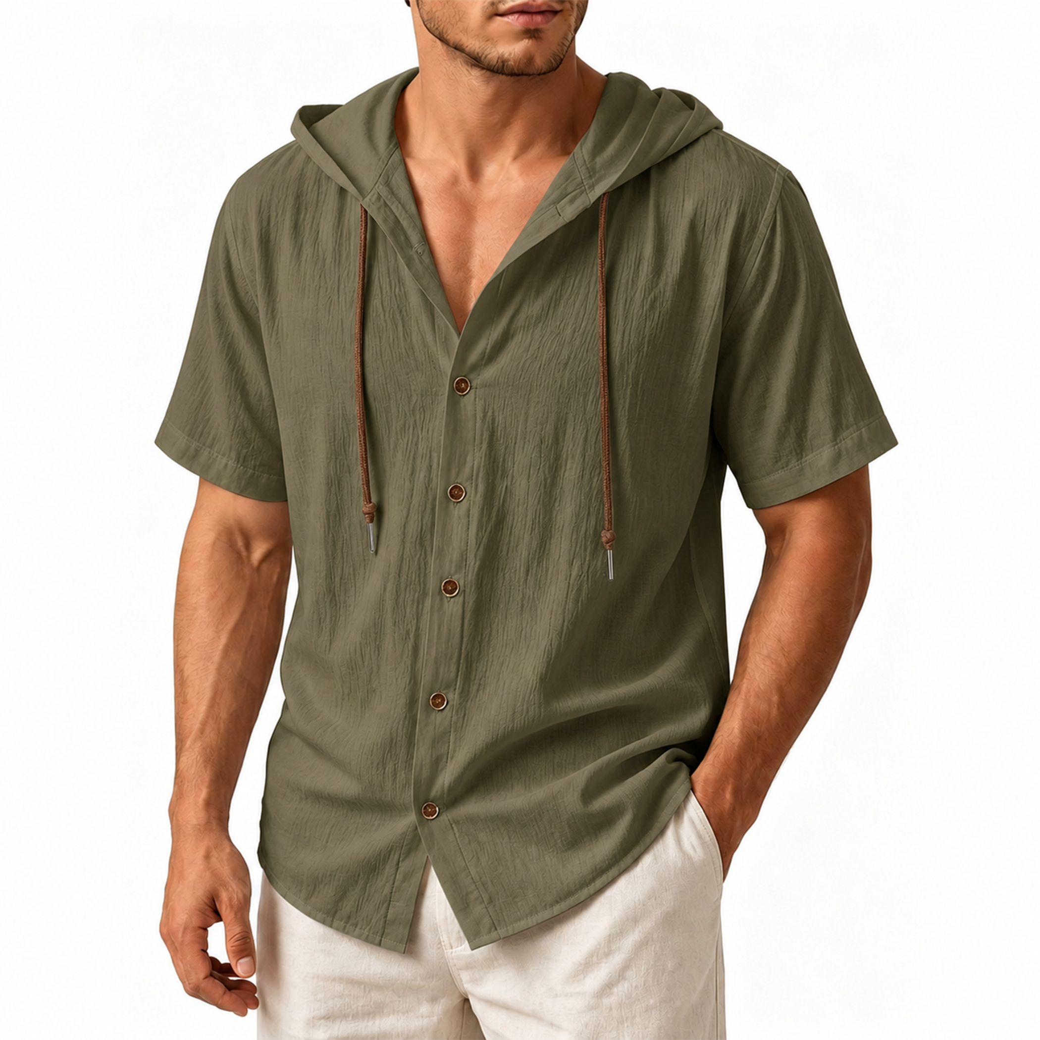 Men's Linen Hooded Short Sleeve Shirt