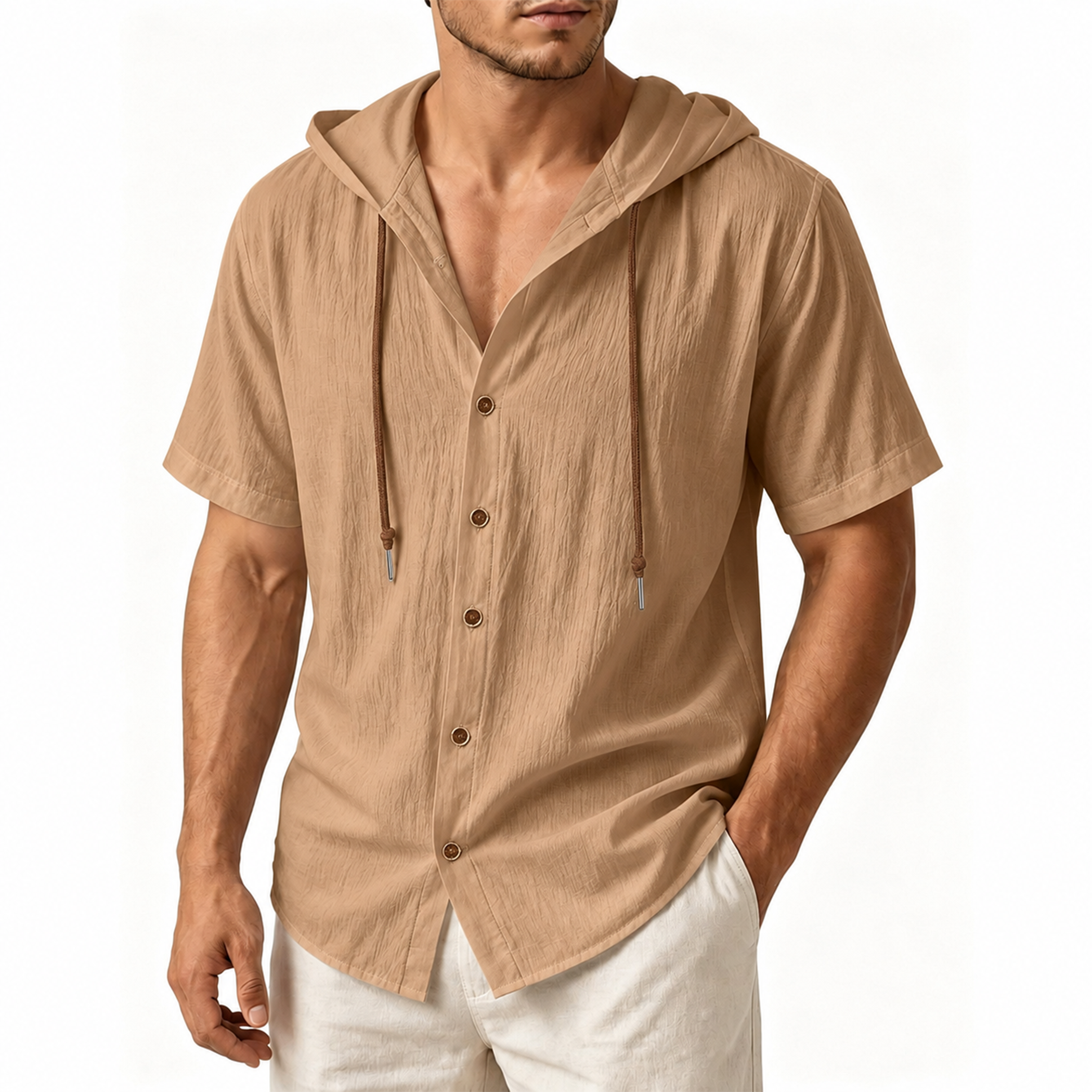 Men's Linen Hooded Short Sleeve Shirt