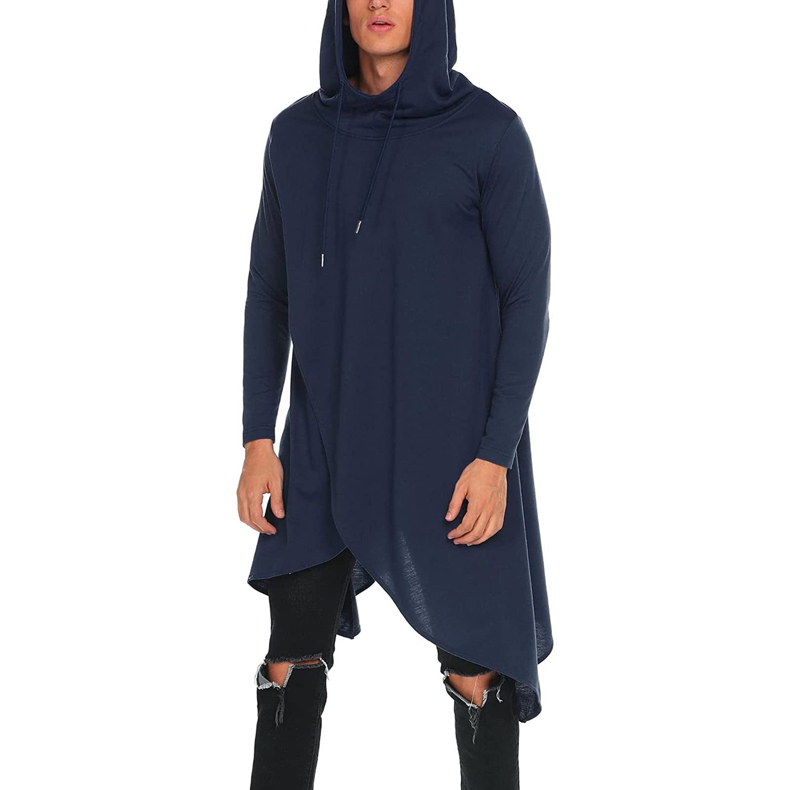 Men Plus Solid Drawstring Hooded Asymmetrical Hem Longline Sweatshirt
