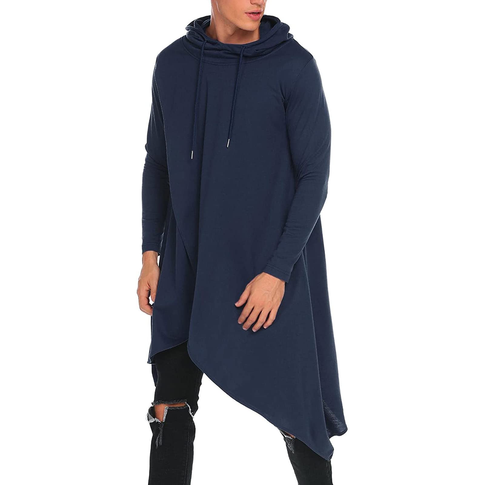 Men Plus Solid Drawstring Hooded Asymmetrical Hem Longline Sweatshirt