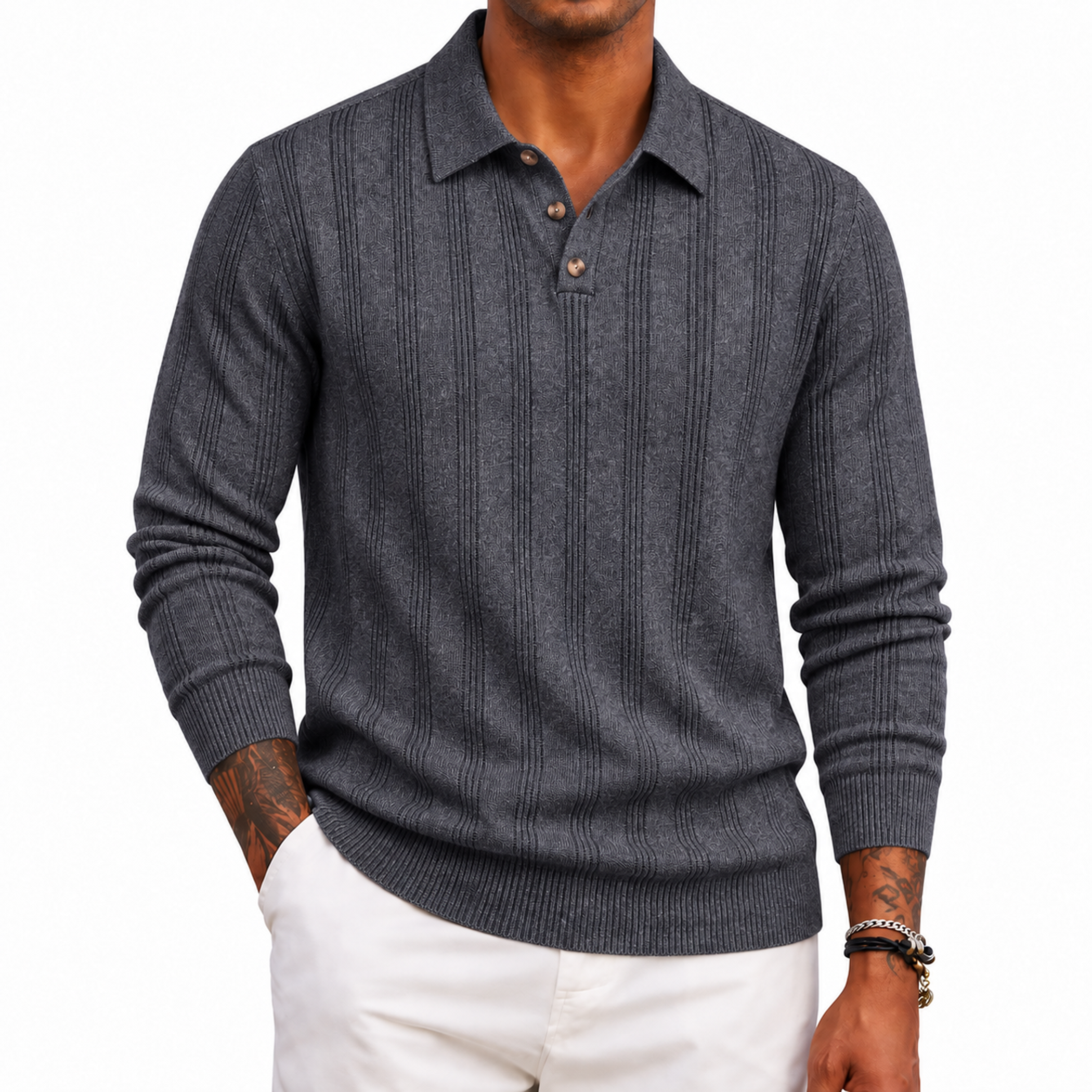 Men's Textured Knit Long Sleeve Polo