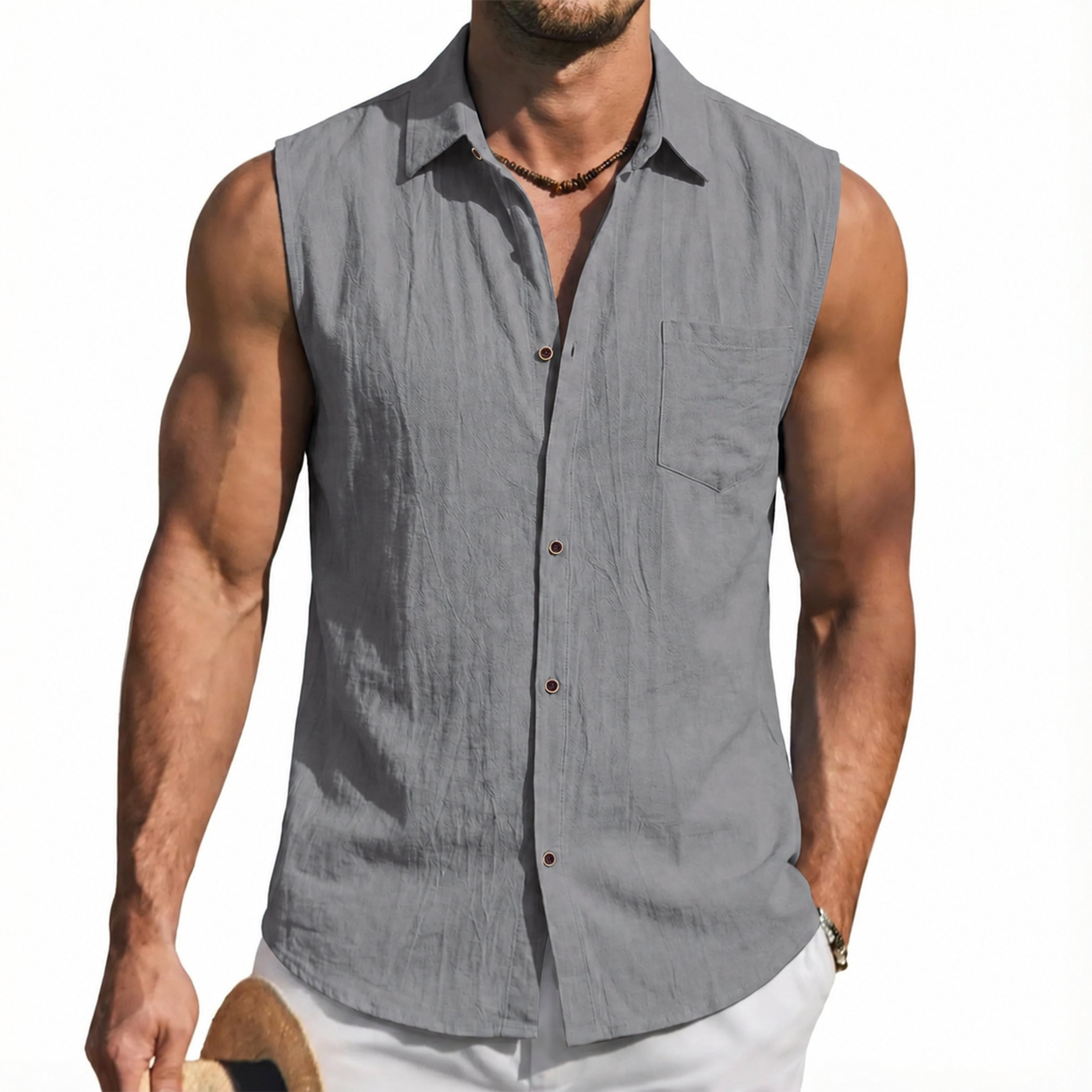 Mens Linen Sleeveless Button Down Tank Shirt