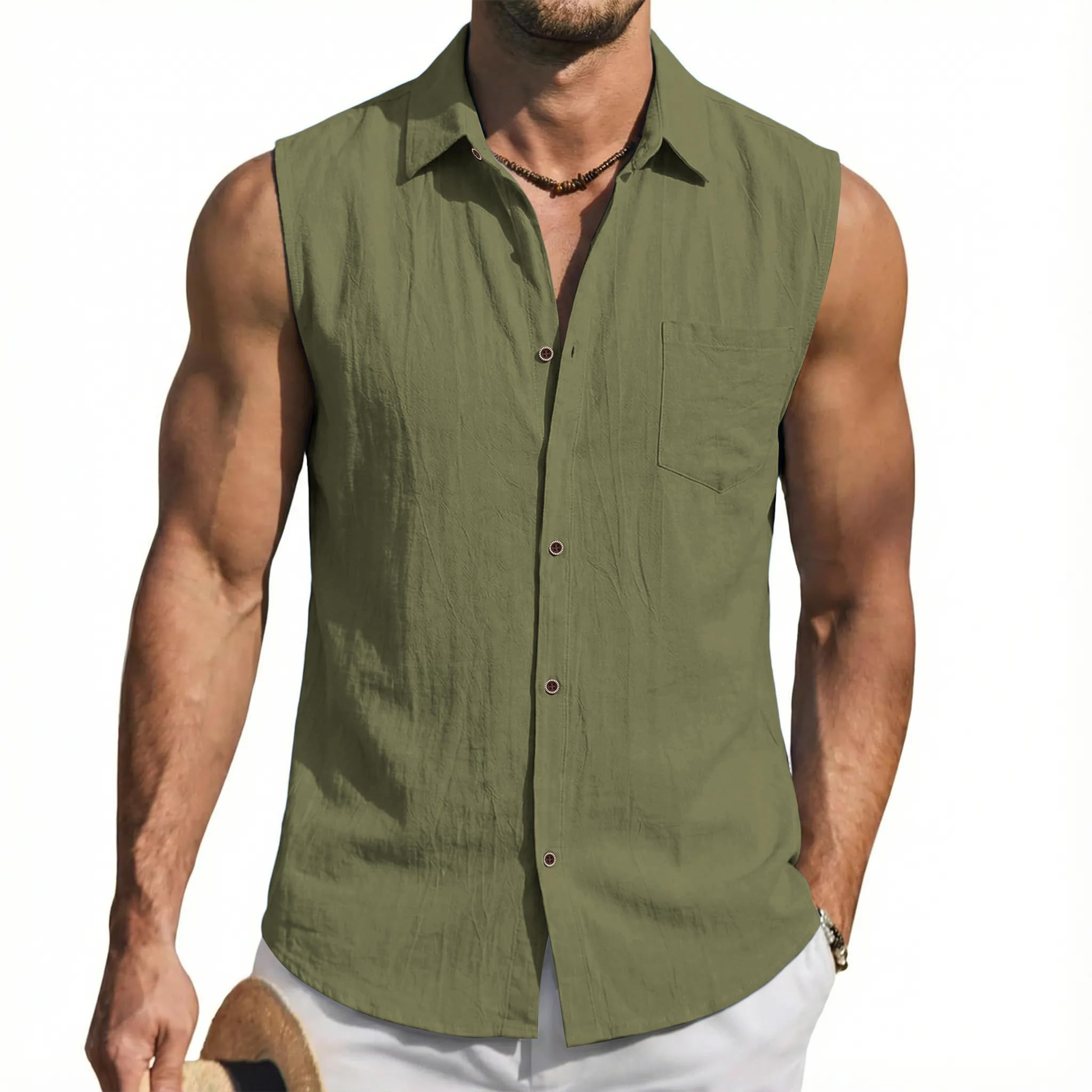Mens Linen Sleeveless Button Down Tank Shirt