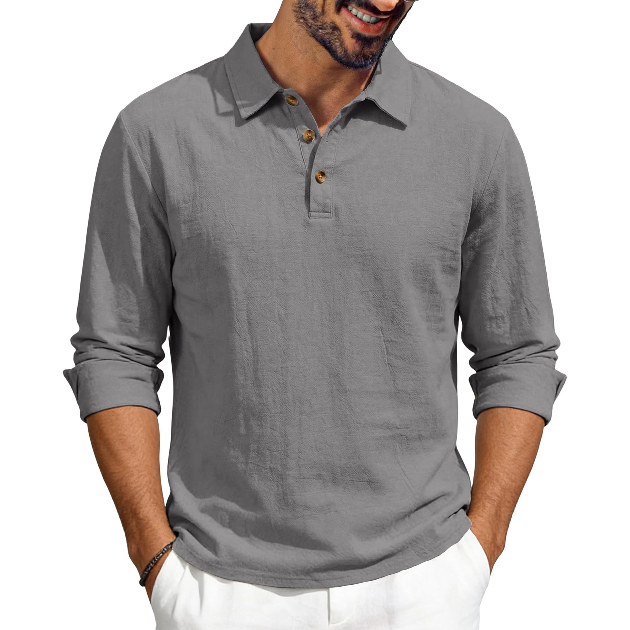 Men's Casual Linen Long Sleeve Polo Shirt