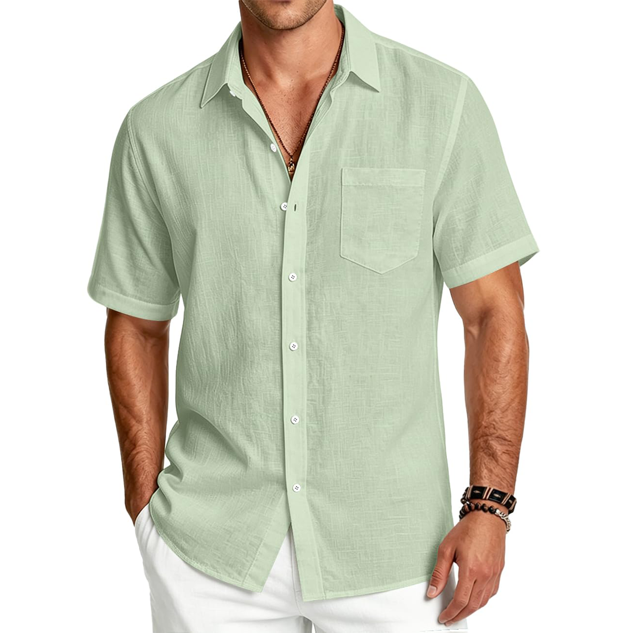 Men's Rayon Linen Short Sleeve Shirt with Pocket