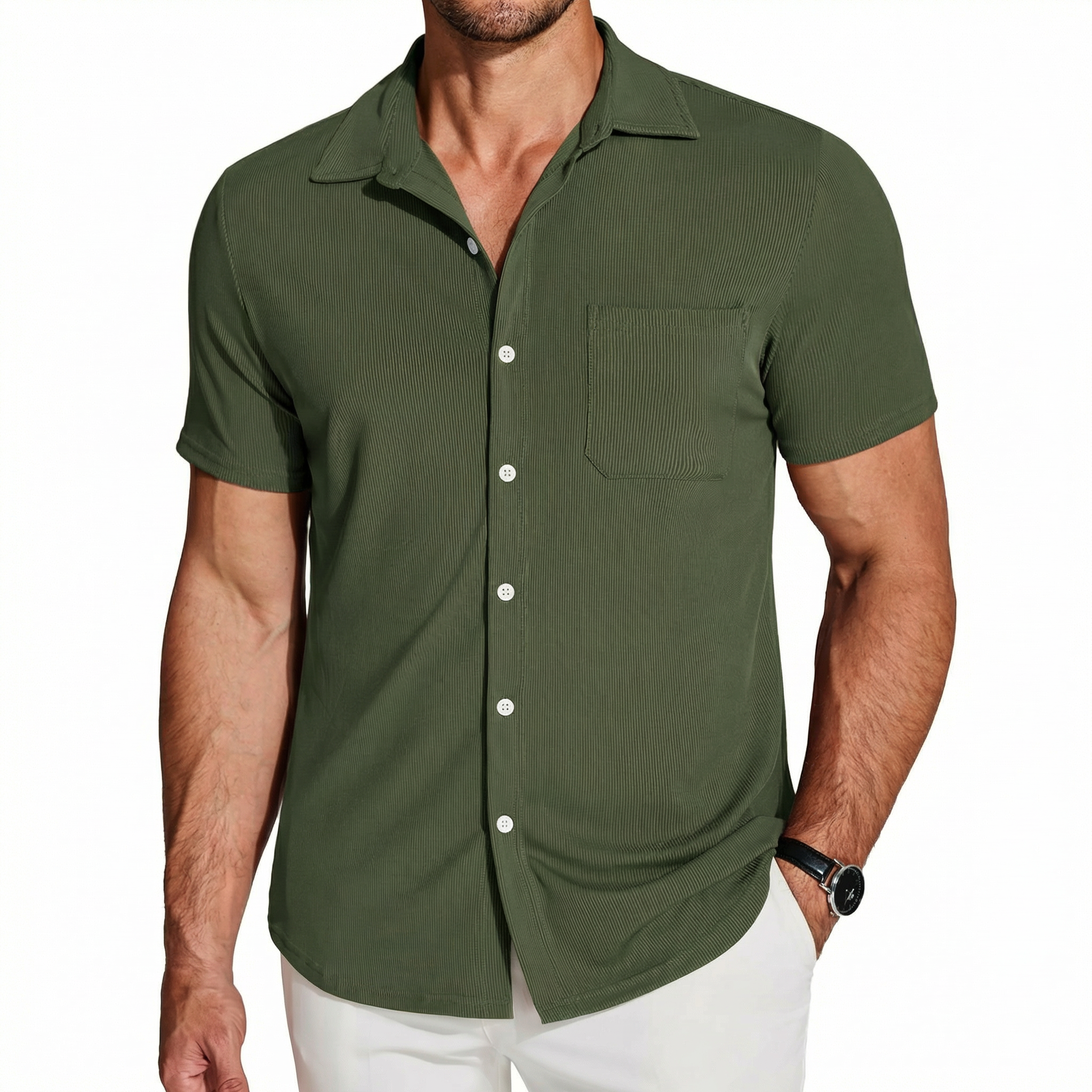 Men's Vertical Stripe Textured Short Sleeve Button-Up Shirt