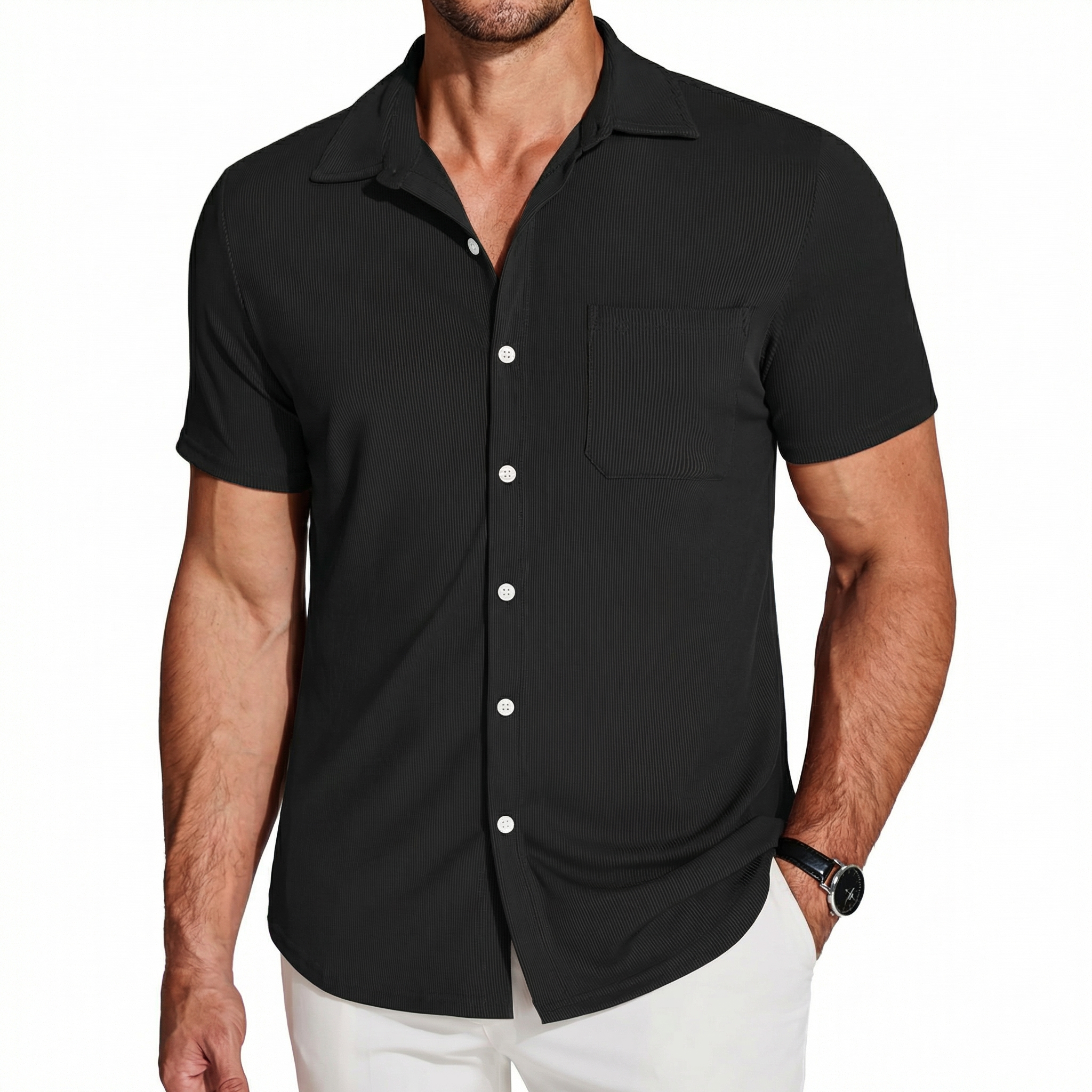 Men's Vertical Stripe Textured Short Sleeve Button-Up Shirt