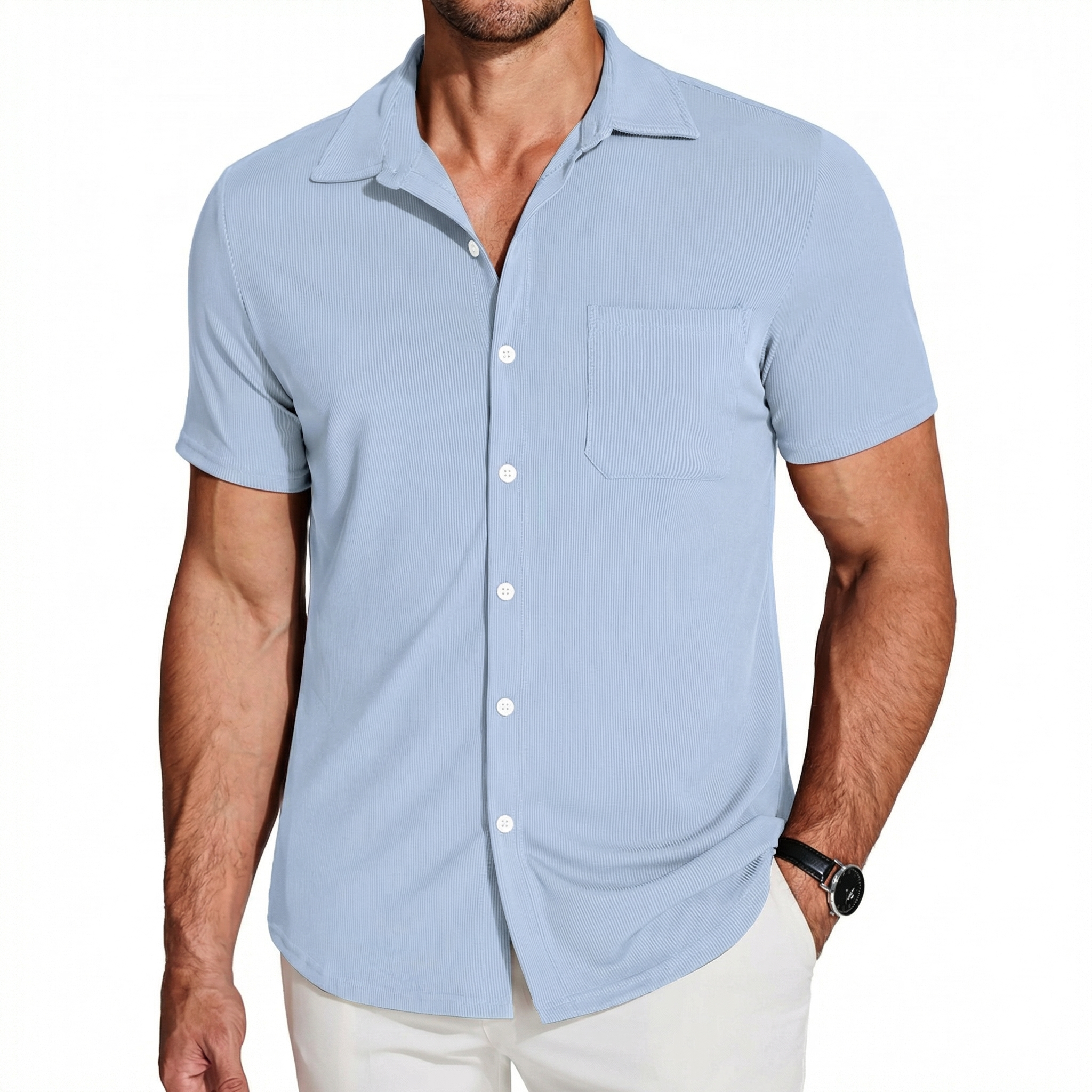 Men's Vertical Stripe Textured Short Sleeve Button-Up Shirt