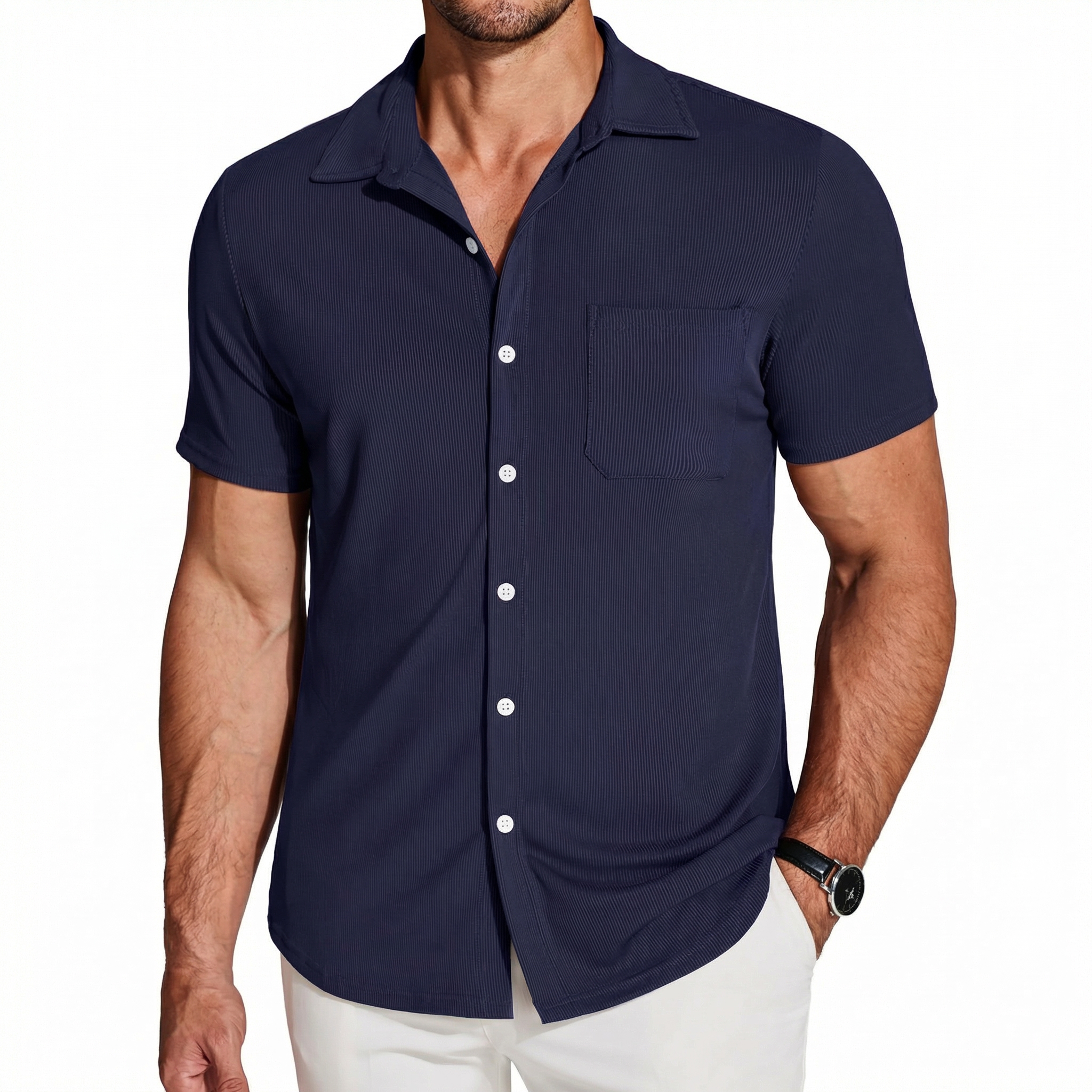 Men's Vertical Stripe Textured Short Sleeve Button-Up Shirt