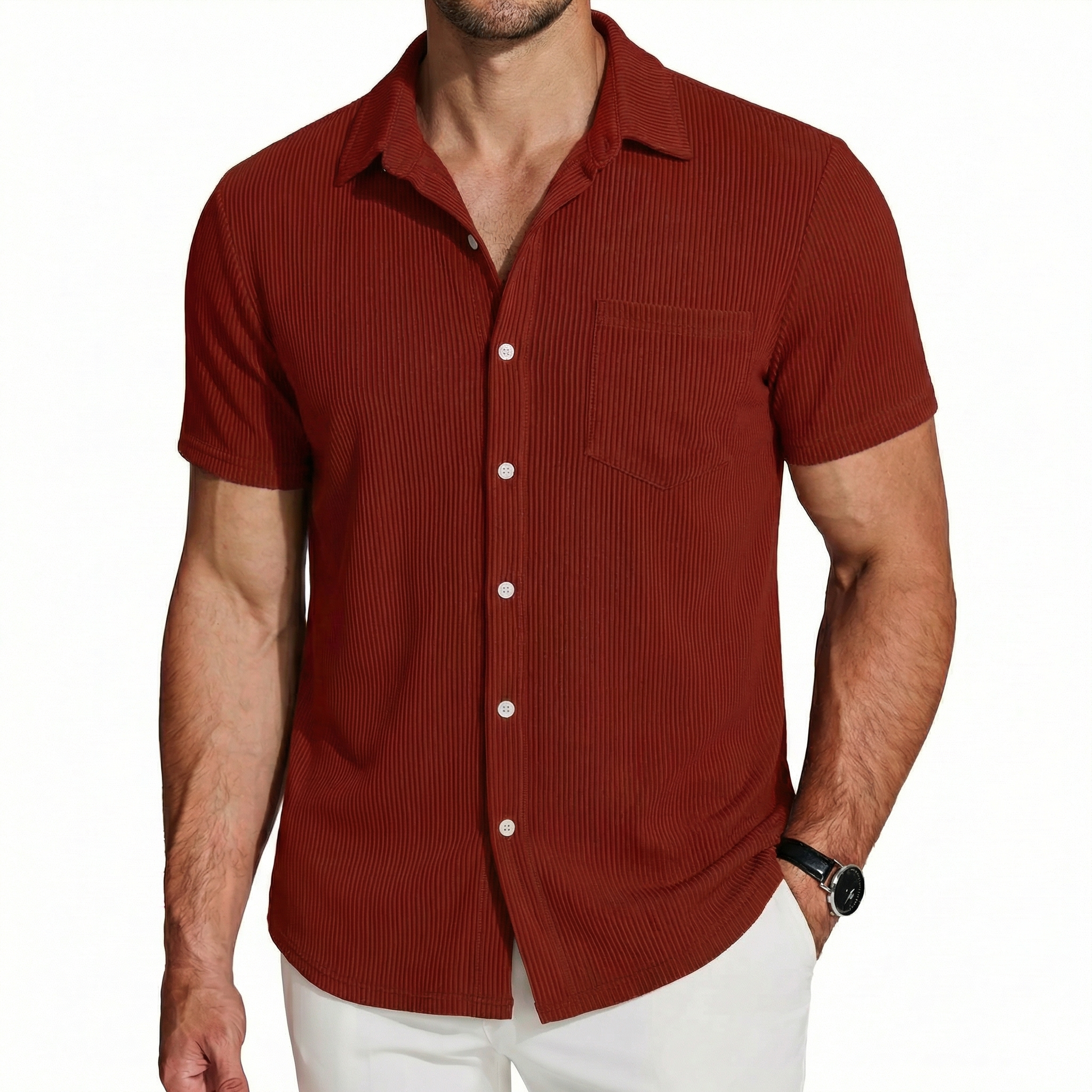 Men's Vertical Stripe Textured Short Sleeve Button-Up Shirt