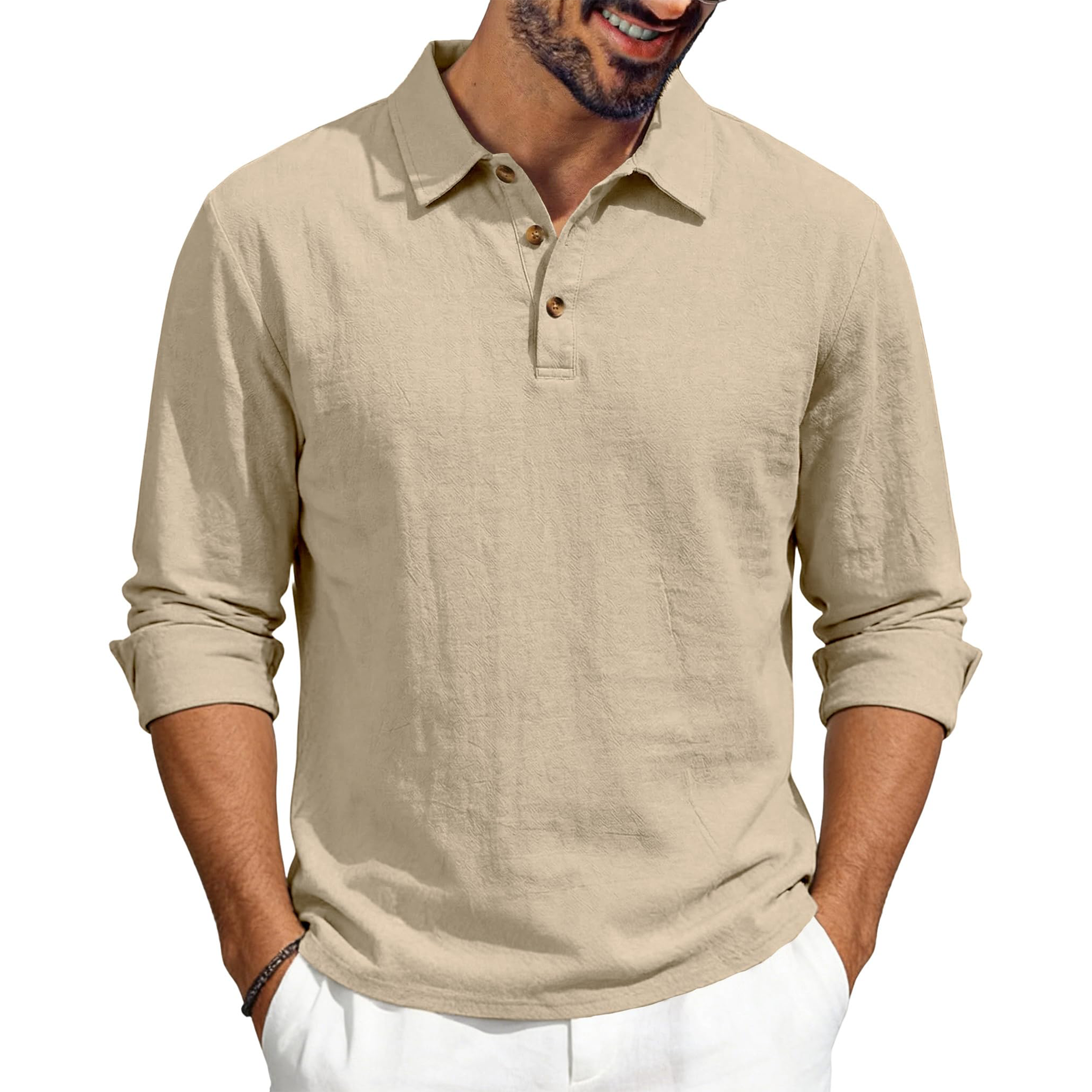 Men's Casual Linen Long Sleeve Polo Shirt