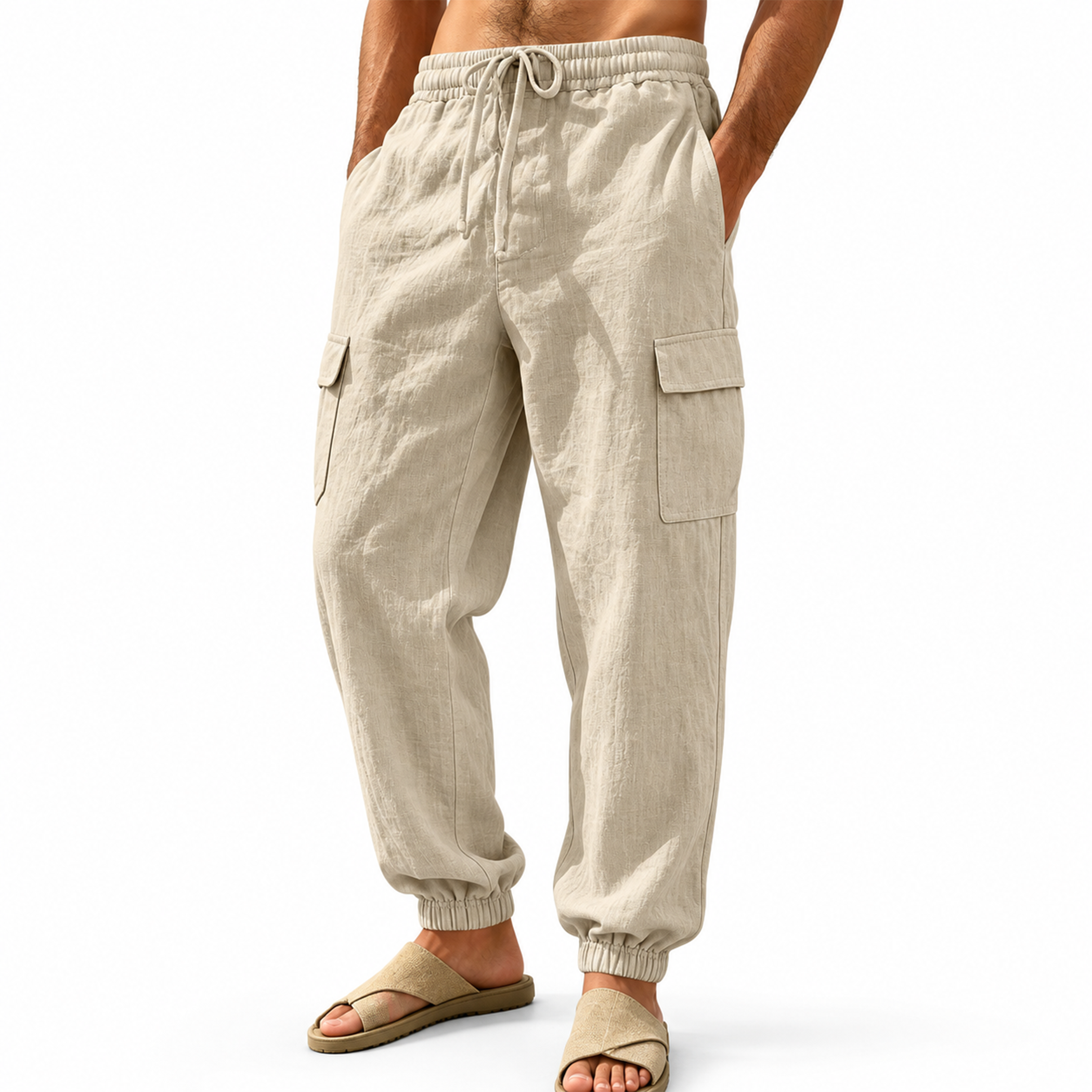 Men Linen Drawstring Wide Leg Cargo Pants