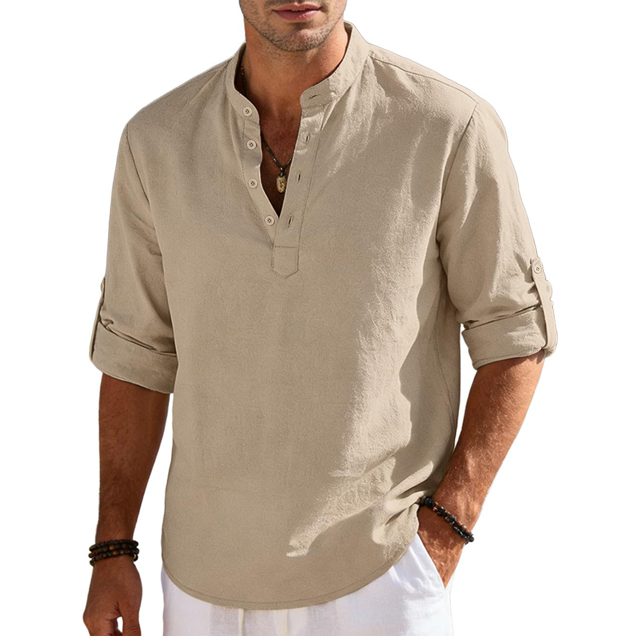 Men's Cotton Linen Long Sleeve Henley Shirts