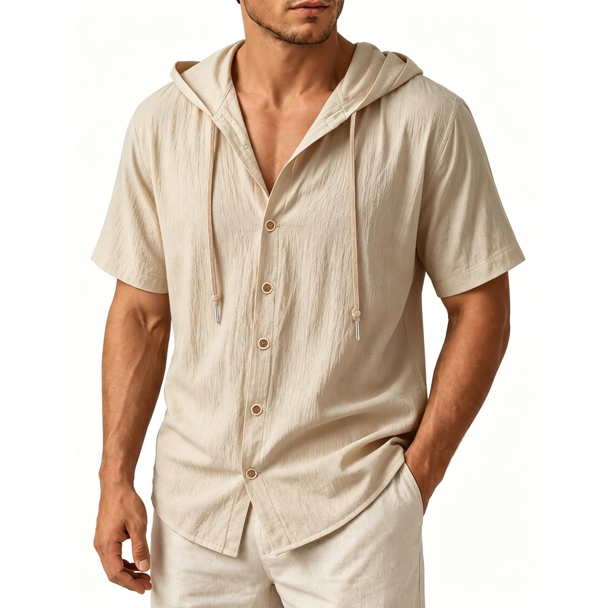 Men's Linen Hooded Short Sleeve Shirt