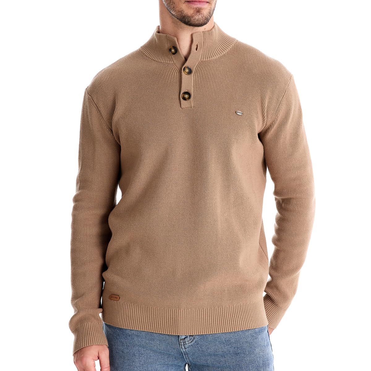 Men's Mock Neck Button-Up Cotton Pullover Sweater