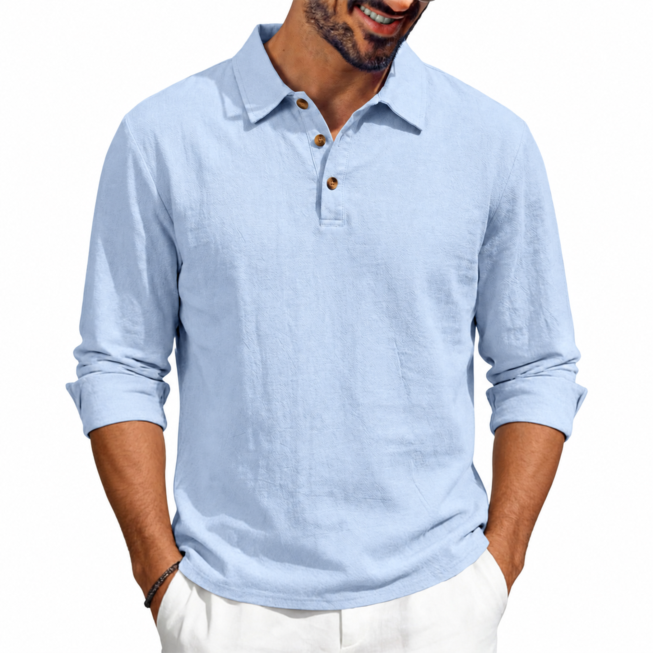 Men's Casual Linen Long Sleeve Polo Shirt