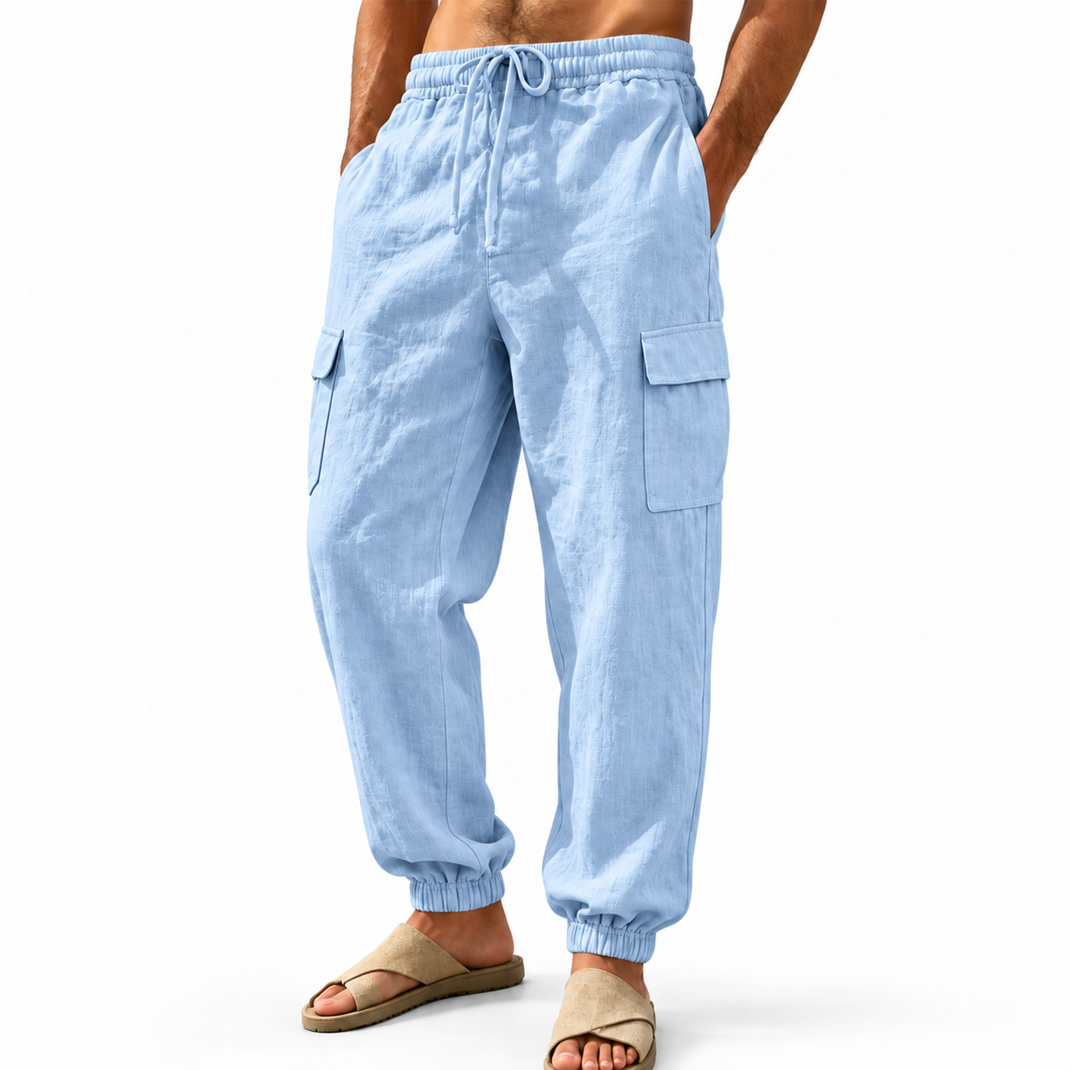 Men Linen Drawstring Wide Leg Cargo Pants