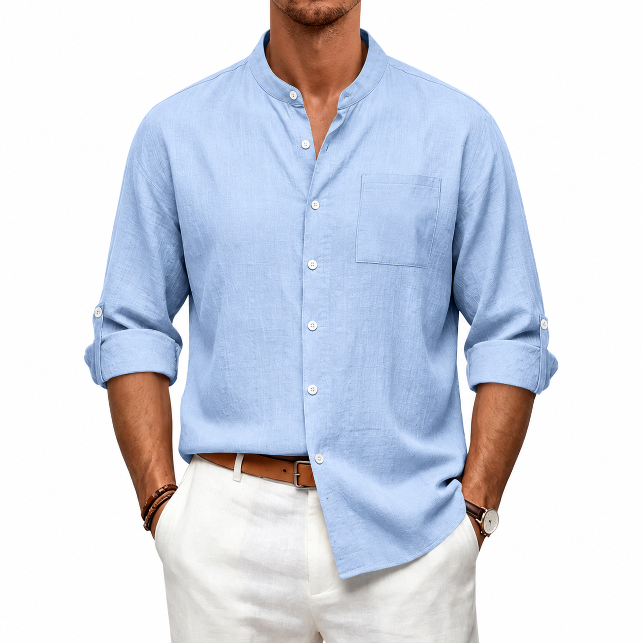 Men's Linen Band Collar Long Sleeve Shirt