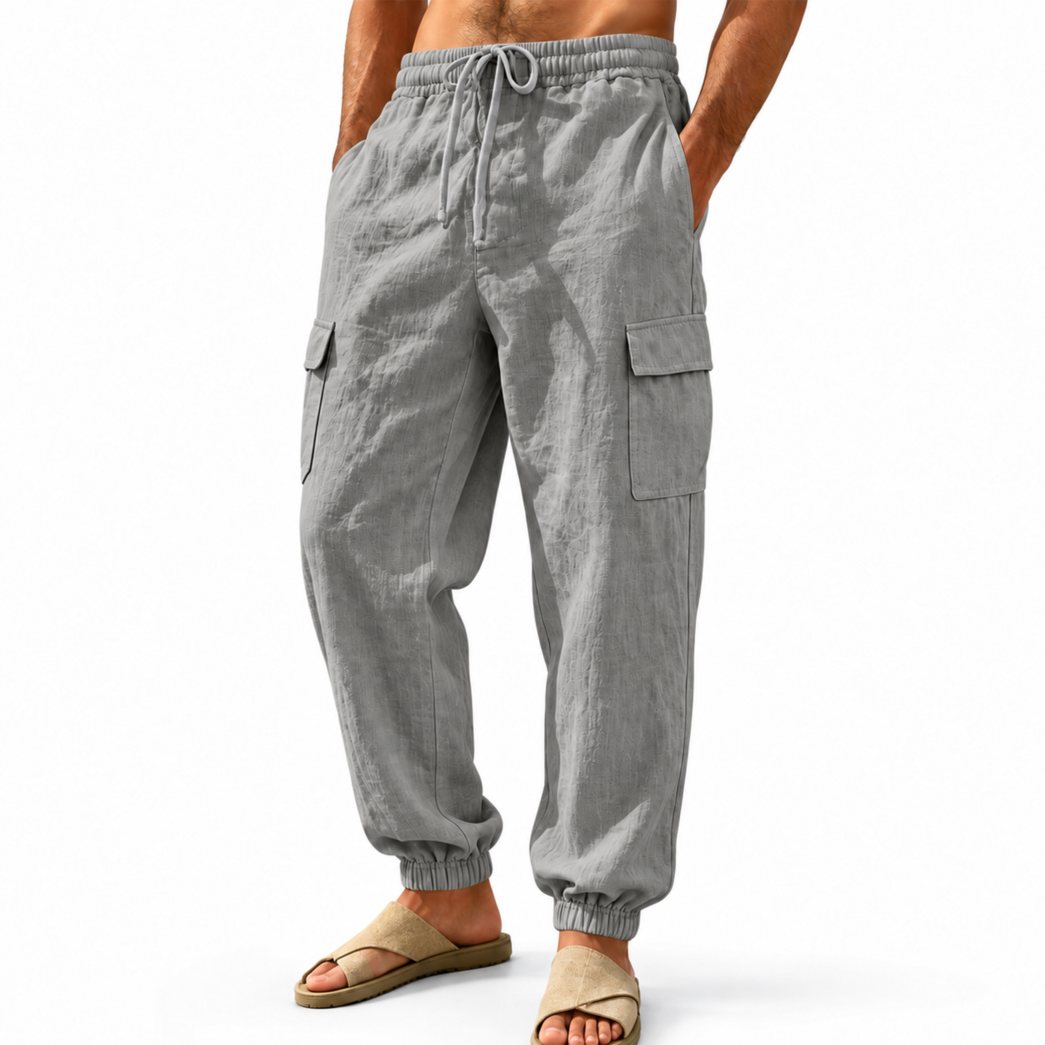 Men Linen Drawstring Wide Leg Cargo Pants