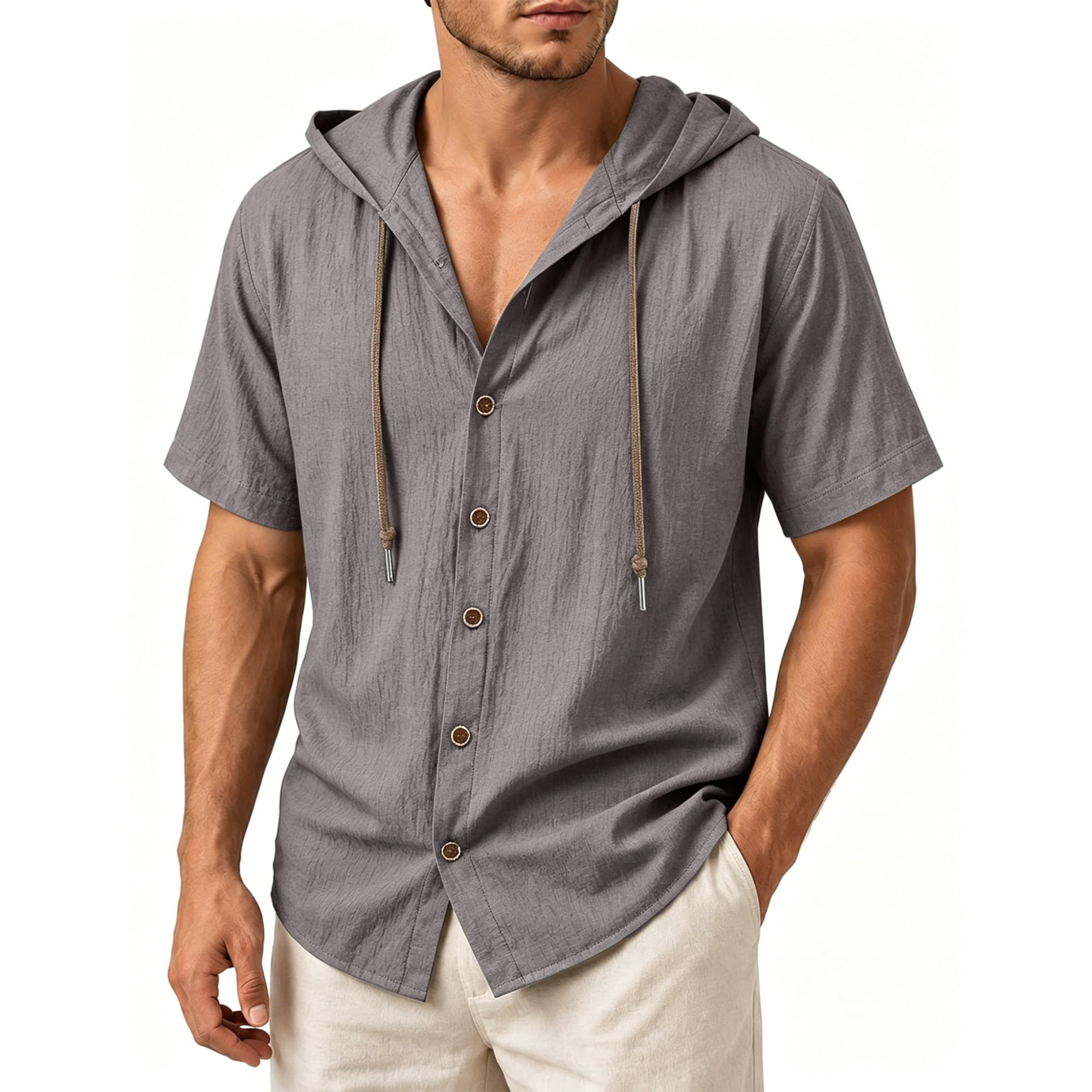 Men's Linen Hooded Short Sleeve Shirt
