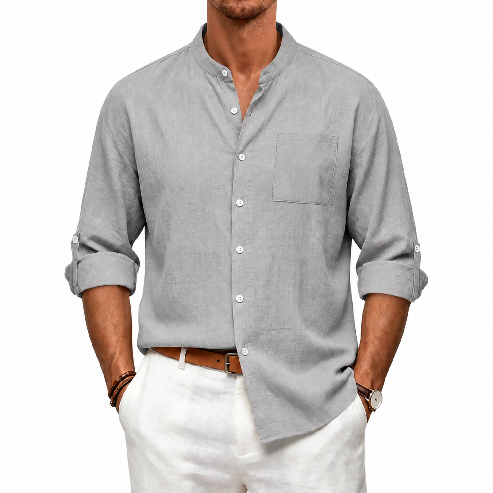 Men's Linen Band Collar Long Sleeve Shirt