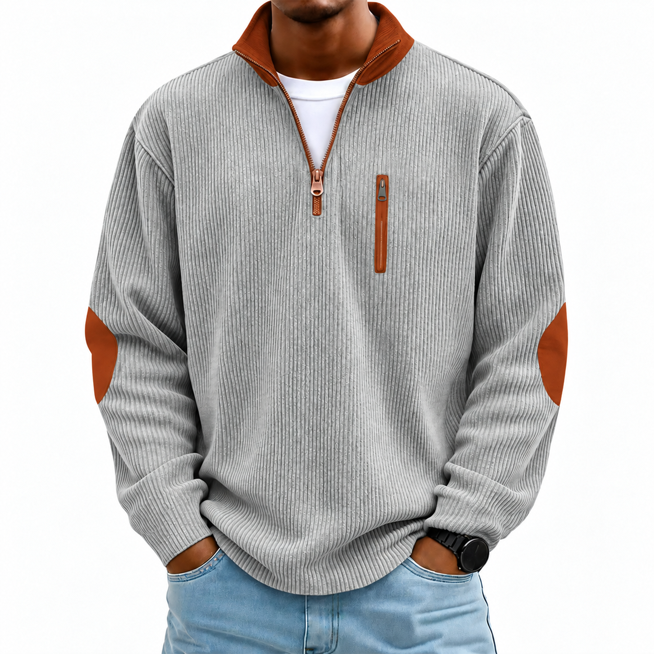 Men's Contrast Corduroy Quarter-Zip Pullover