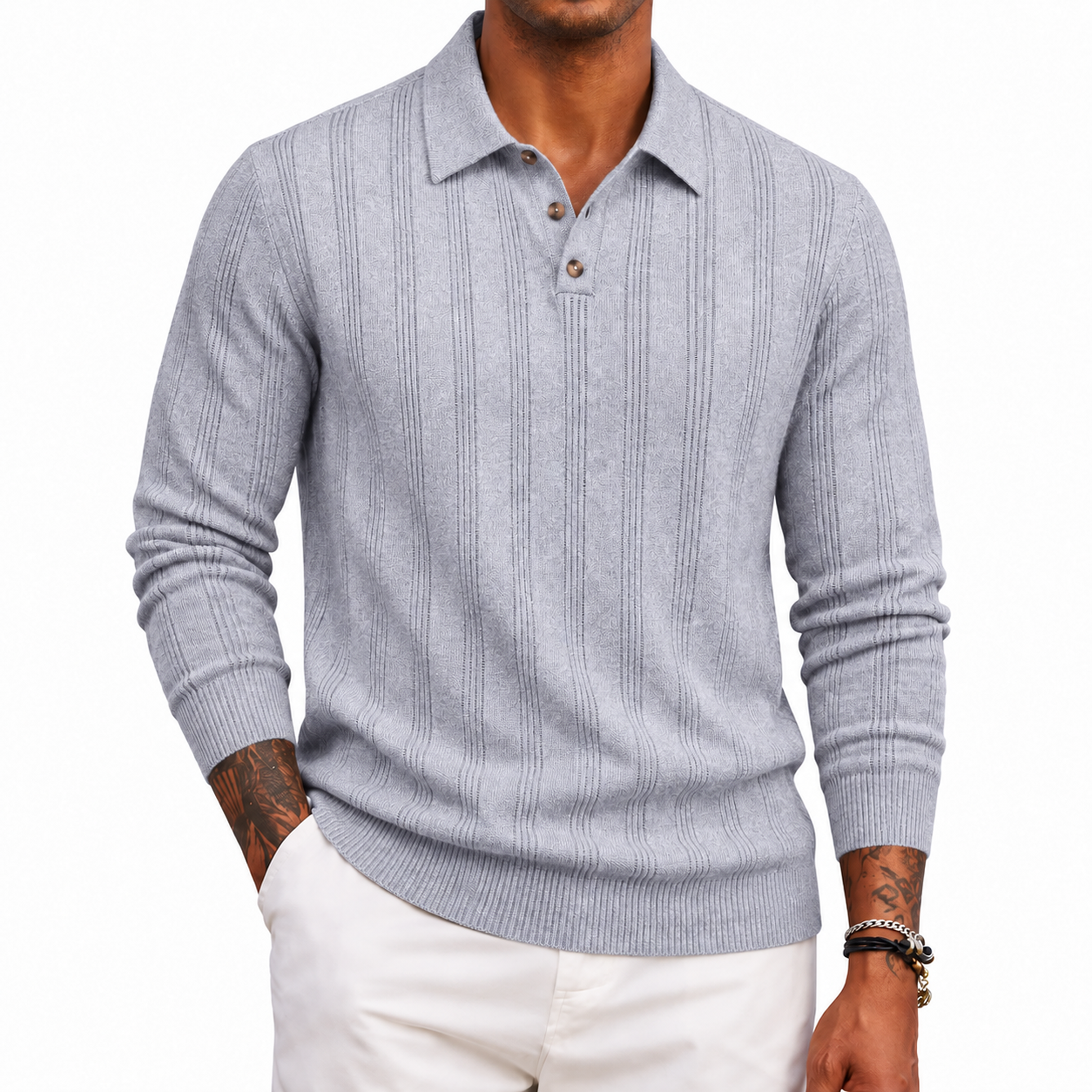 Men's Textured Knit Long Sleeve Polo