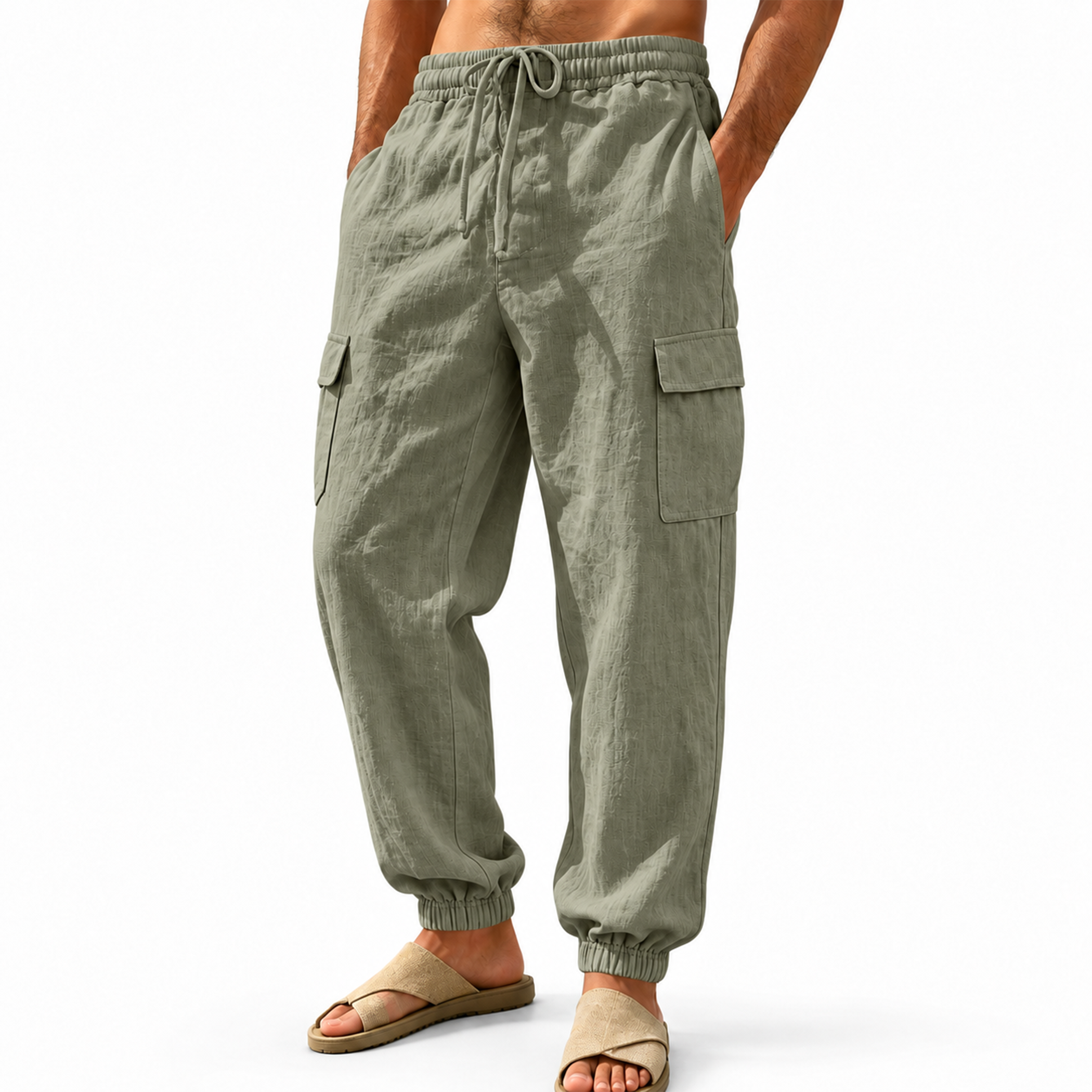 Men Linen Drawstring Wide Leg Cargo Pants