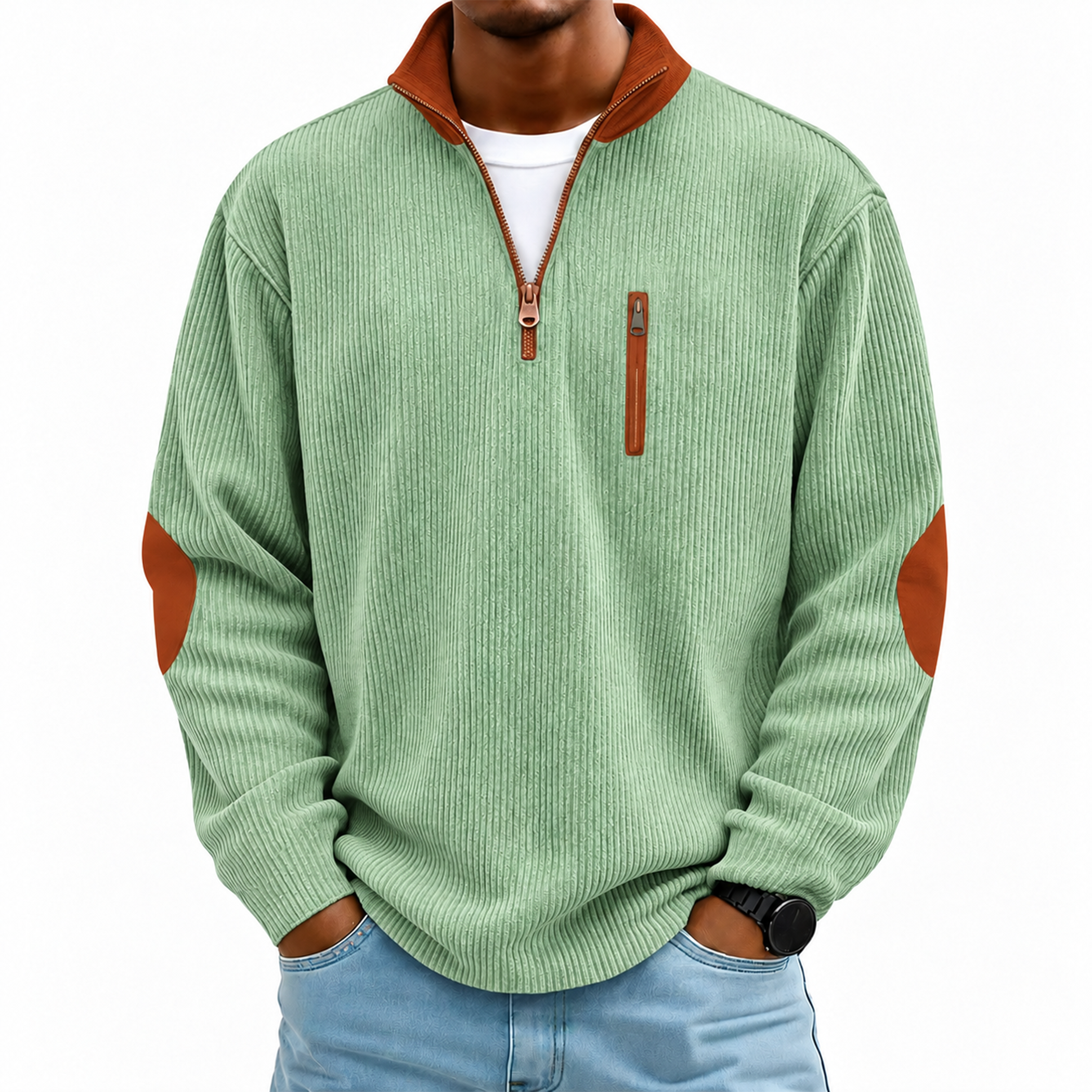 Men's Contrast Corduroy Quarter-Zip Pullover