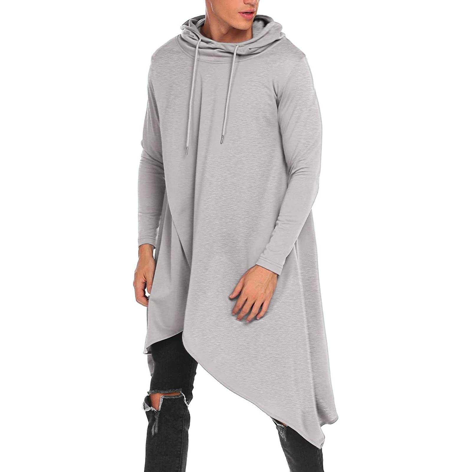 Men Plus Solid Drawstring Hooded Asymmetrical Hem Longline Sweatshirt