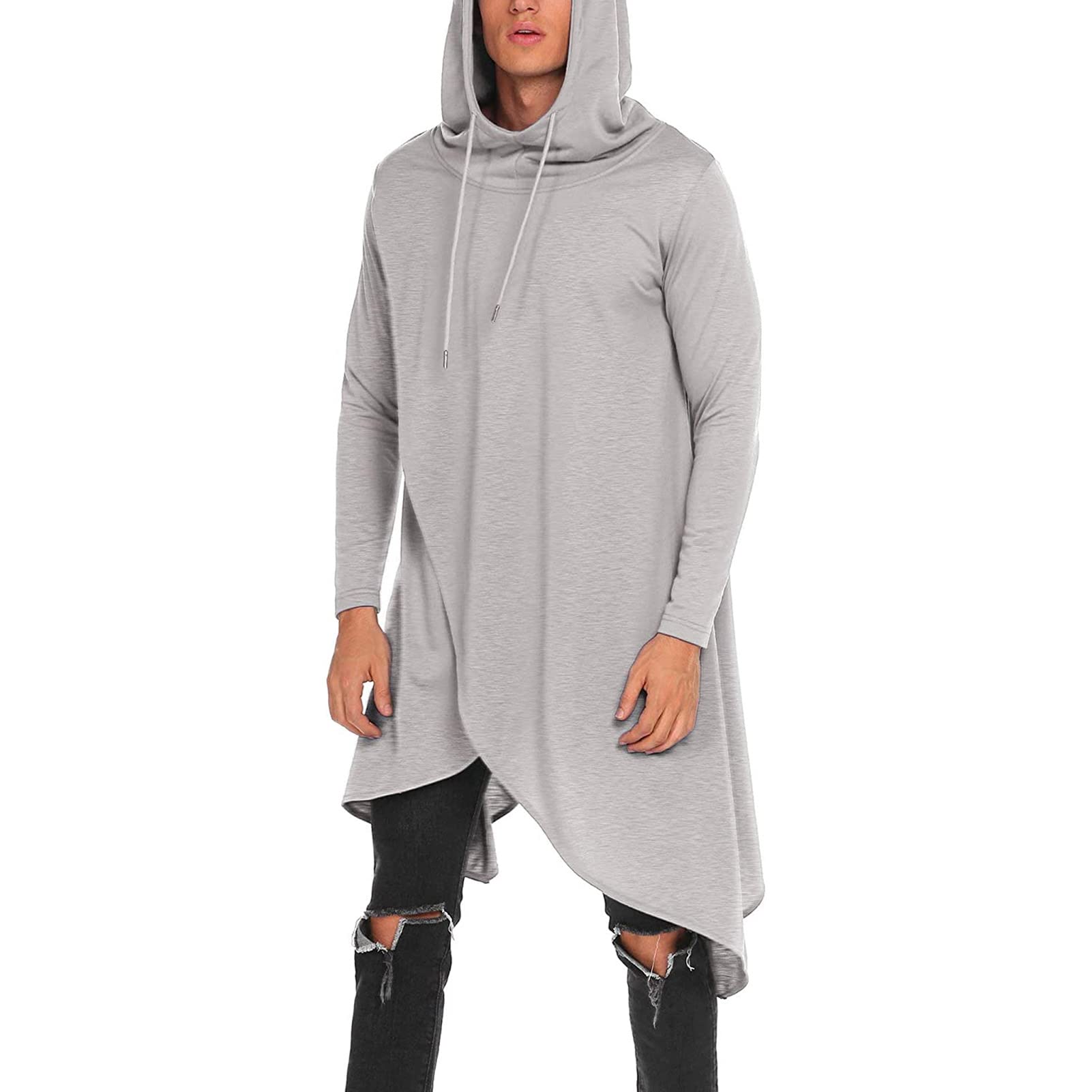 Men Plus Solid Drawstring Hooded Asymmetrical Hem Longline Sweatshirt