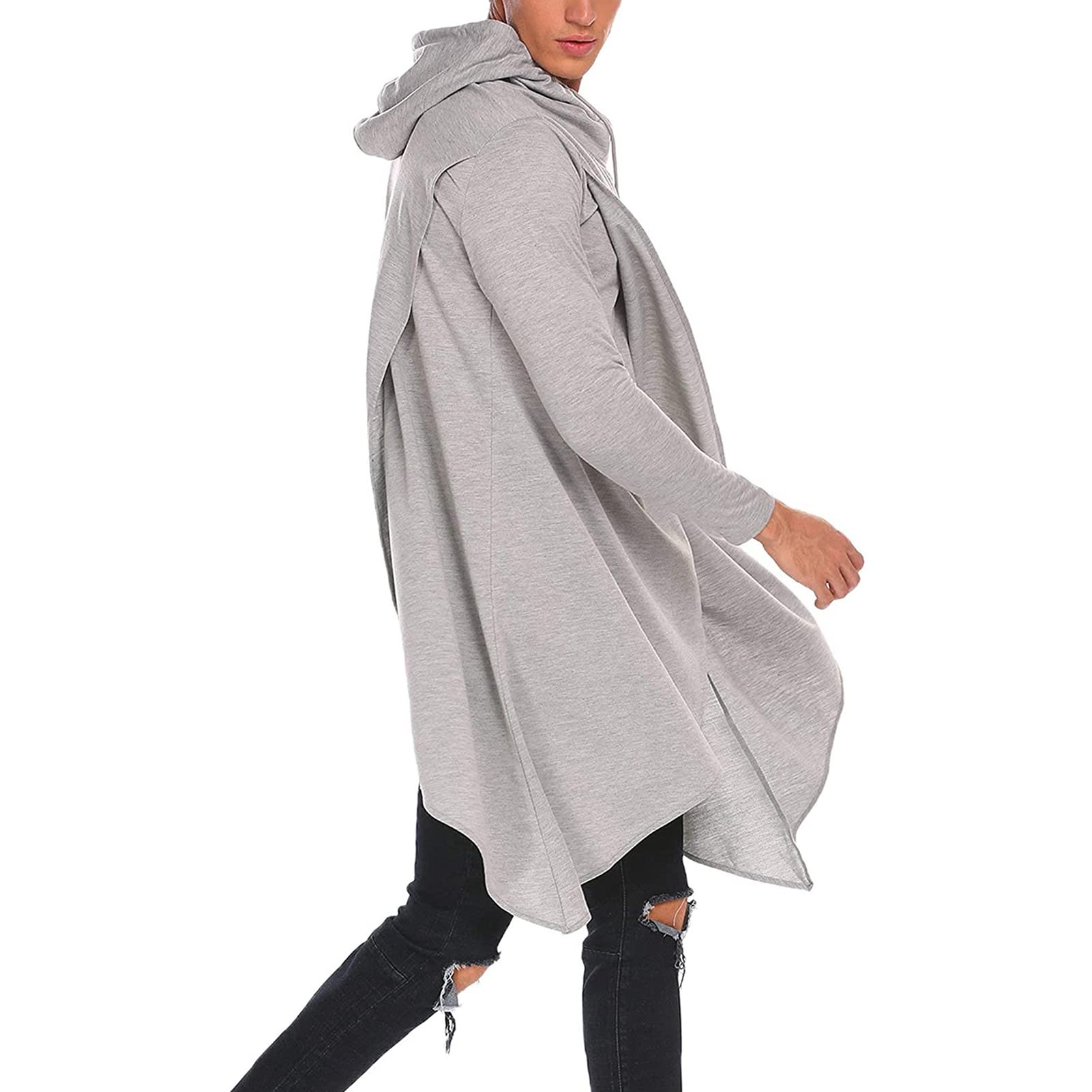 Men Plus Solid Drawstring Hooded Asymmetrical Hem Longline Sweatshirt