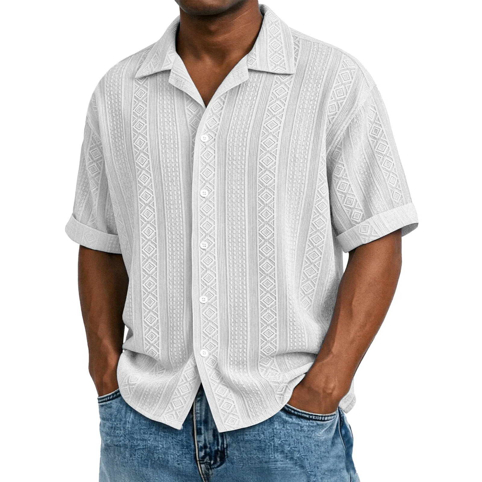 Men's Solid Color Casual Textured Lapel Short-Sleeve Shirt