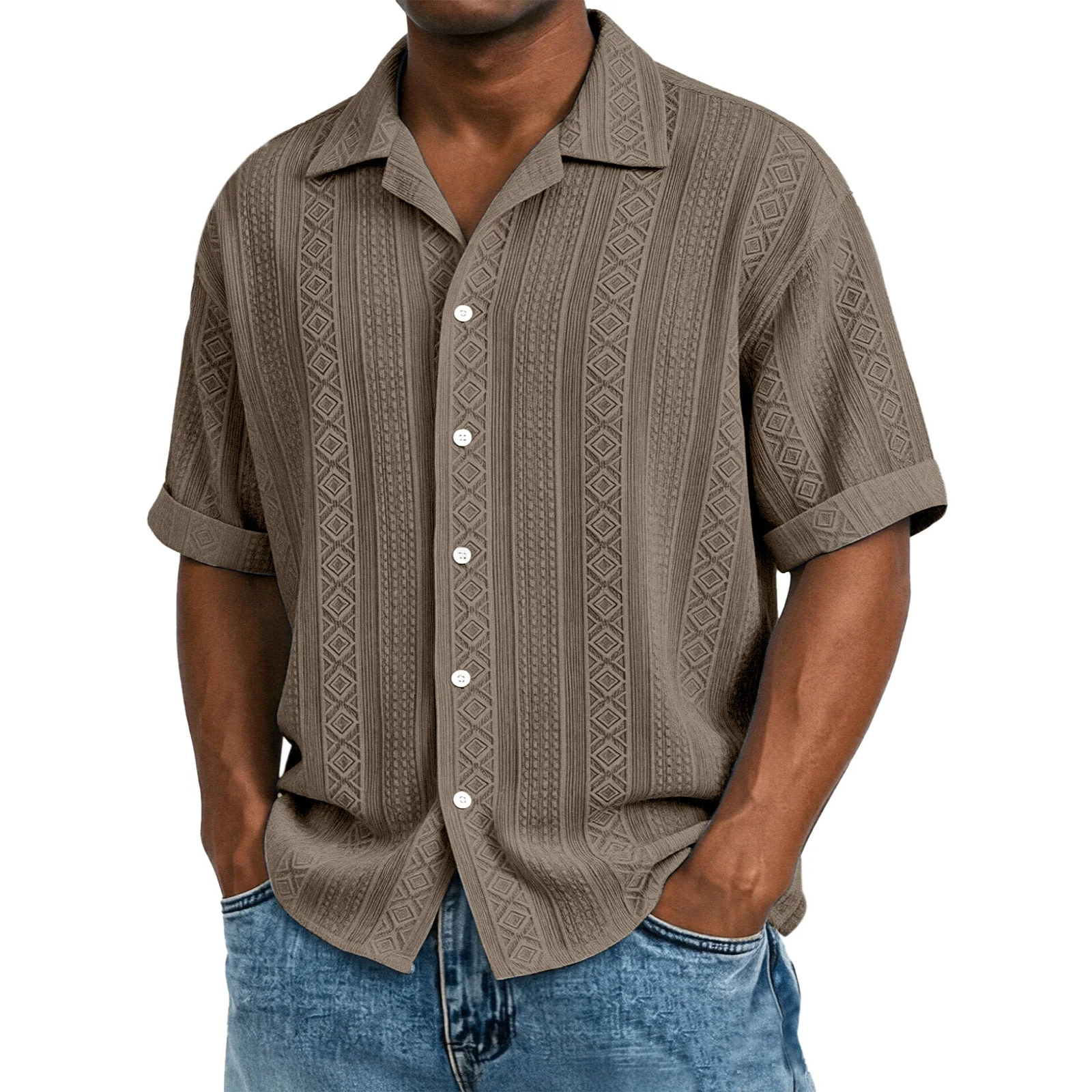 Men's Solid Color Casual Textured Lapel Short-Sleeve Shirt