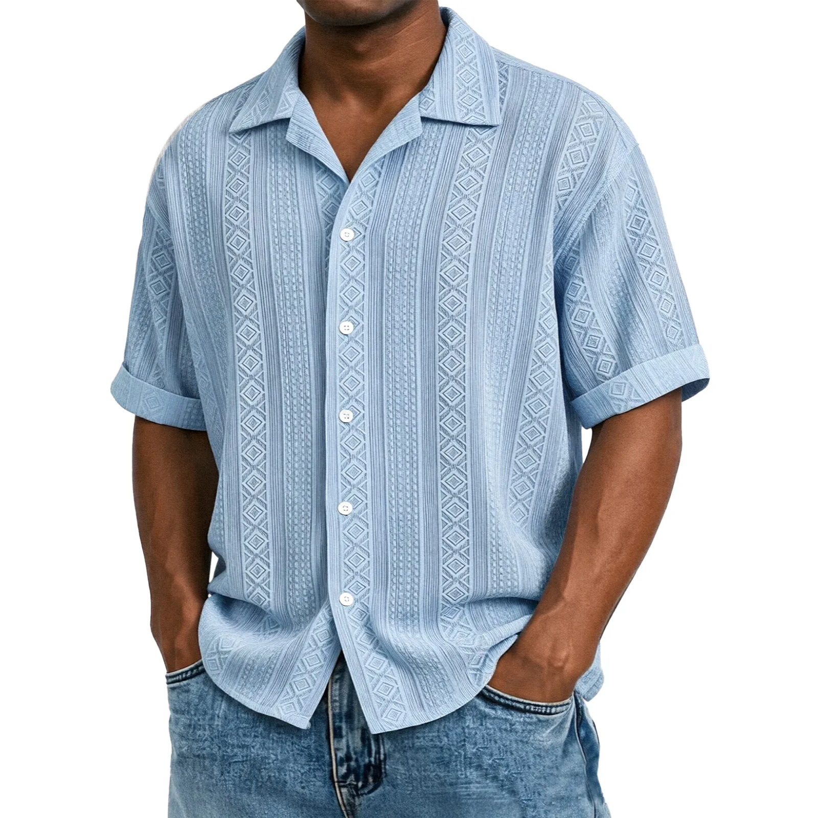 Men's Solid Color Casual Textured Lapel Short-Sleeve Shirt