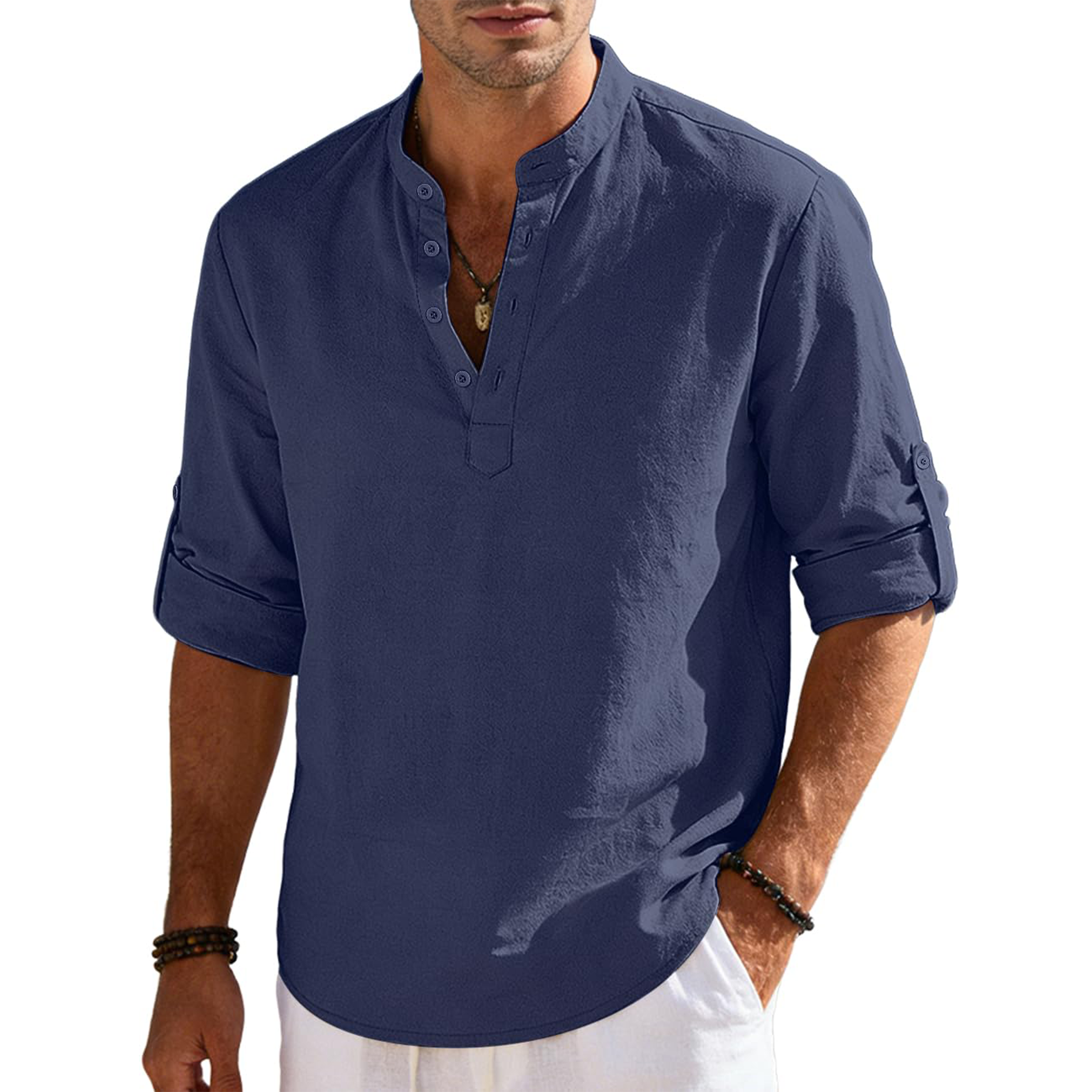 Men's Cotton Linen Long Sleeve Henley Shirts