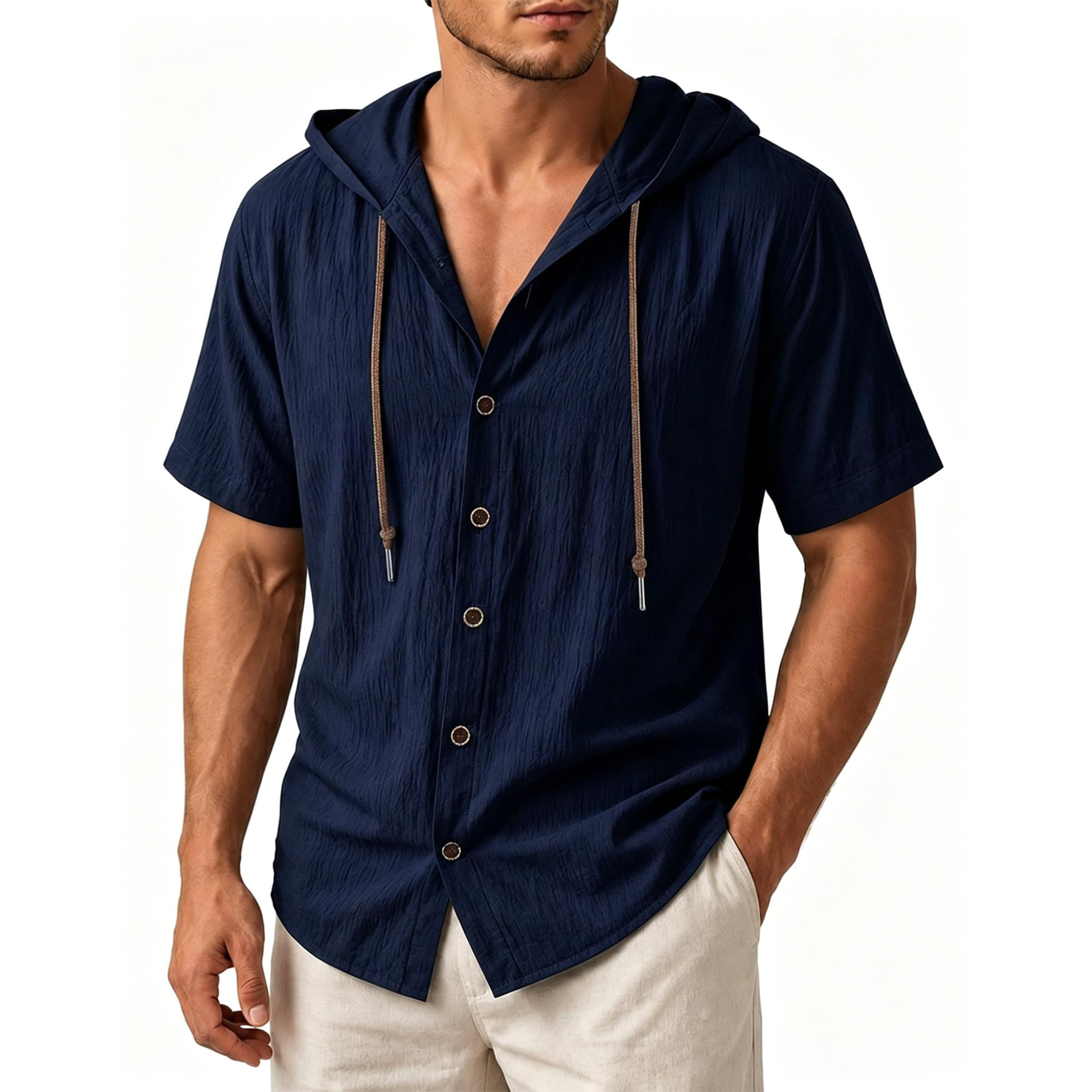 Men's Linen Hooded Short Sleeve Shirt