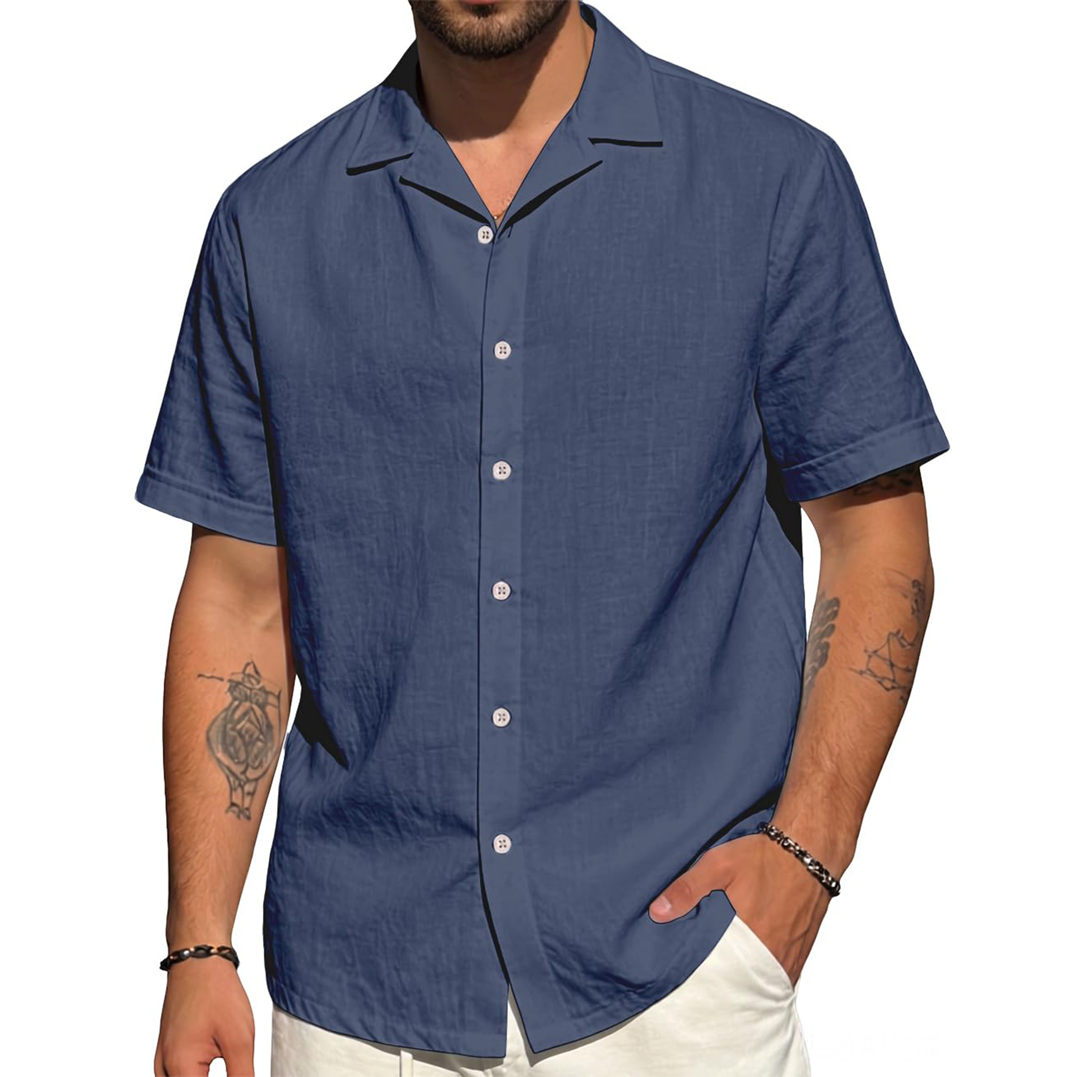 Men's Cotton Linen Button-Up Short Sleeve Shirt