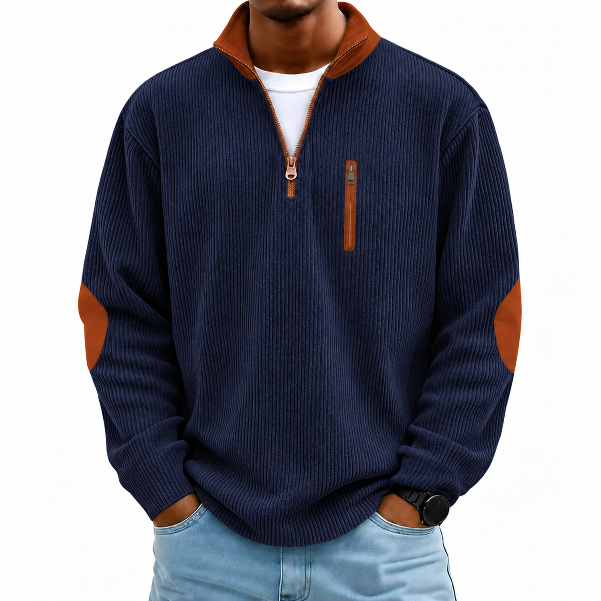 Men's Contrast Corduroy Quarter-Zip Pullover